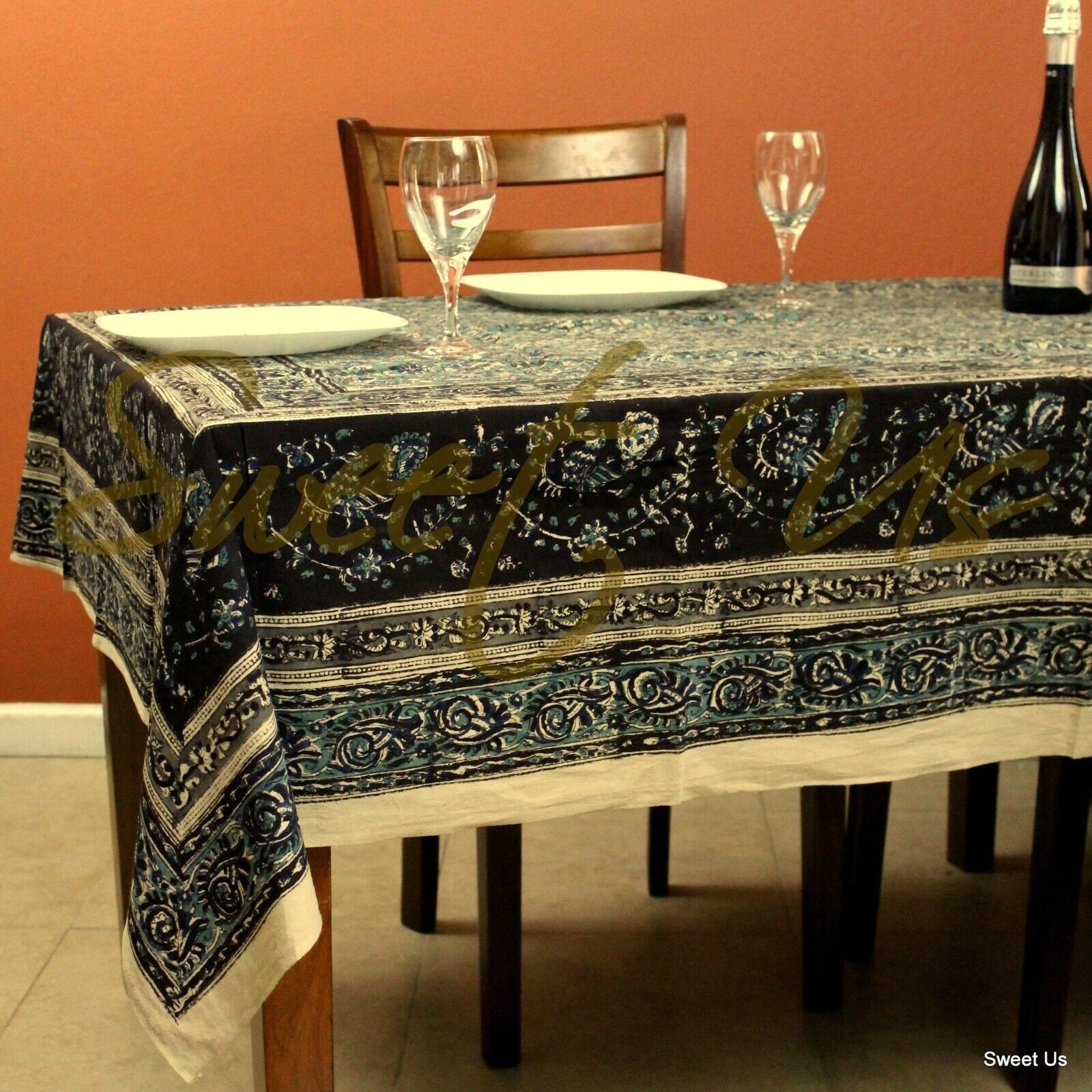 Block Print Cotton Vegetable Dye Floral Tablecloth Rectangle Blue Beige Black