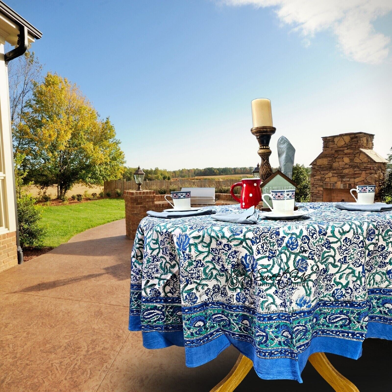 Block Print Paisley Tablecloth For Rectangle Square Round Table Cotton Blue Green