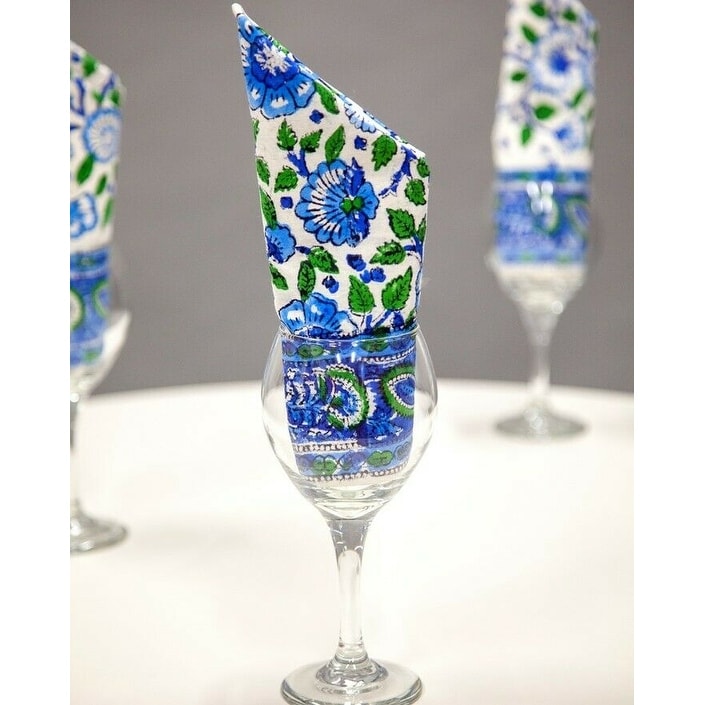 Block Print Floral Paisley Napkin Placemat Cotton Table Linen Blue Green Table Mat