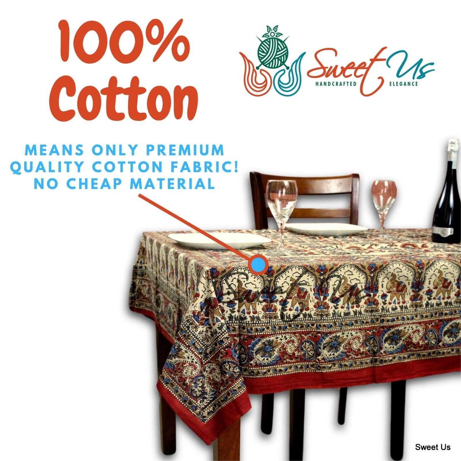 Block Print Floral Paisley Elephant Tablecloth Rectangle 70X102 Beige Red Blue 70 X 102 Inches