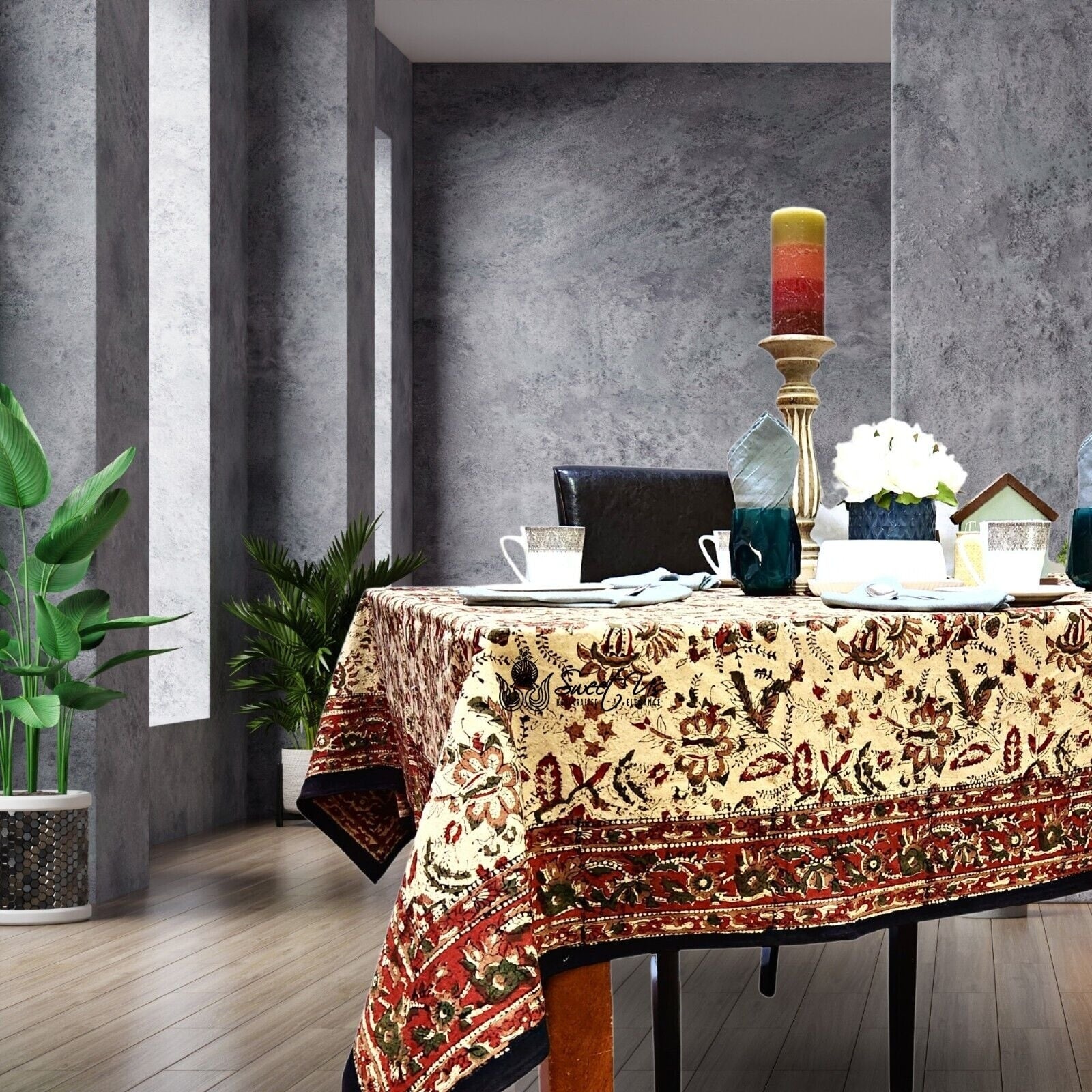 Jaipur Floral Print Earthen Cotton Tablecloth Round Square Rectangle Napkin Placemats