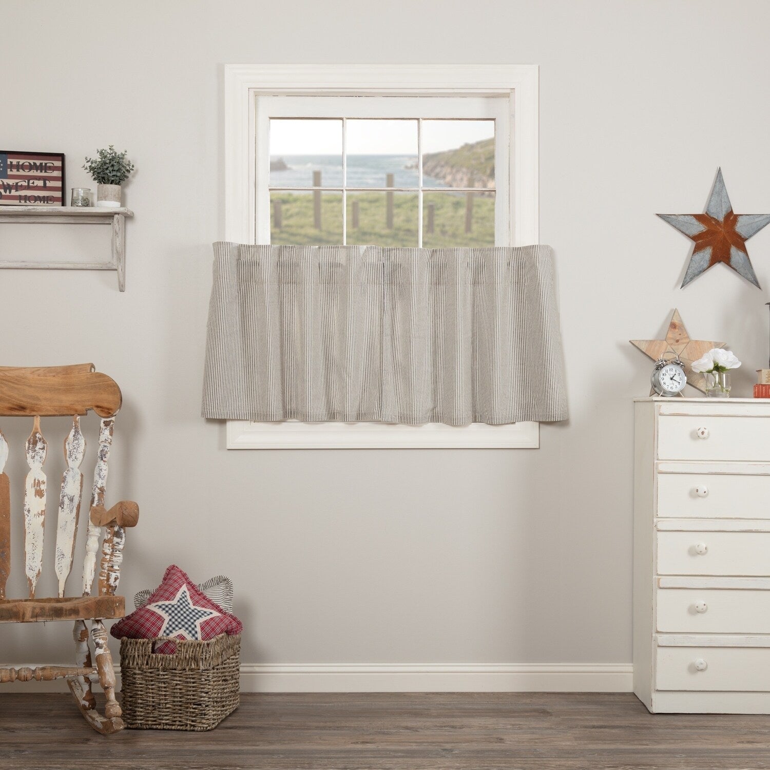 Vhc Brands Hatteras Americana Kitchen Rod Pocket Blue Cotton Ticking Stripe Seersucker Curtain Tier Pair
