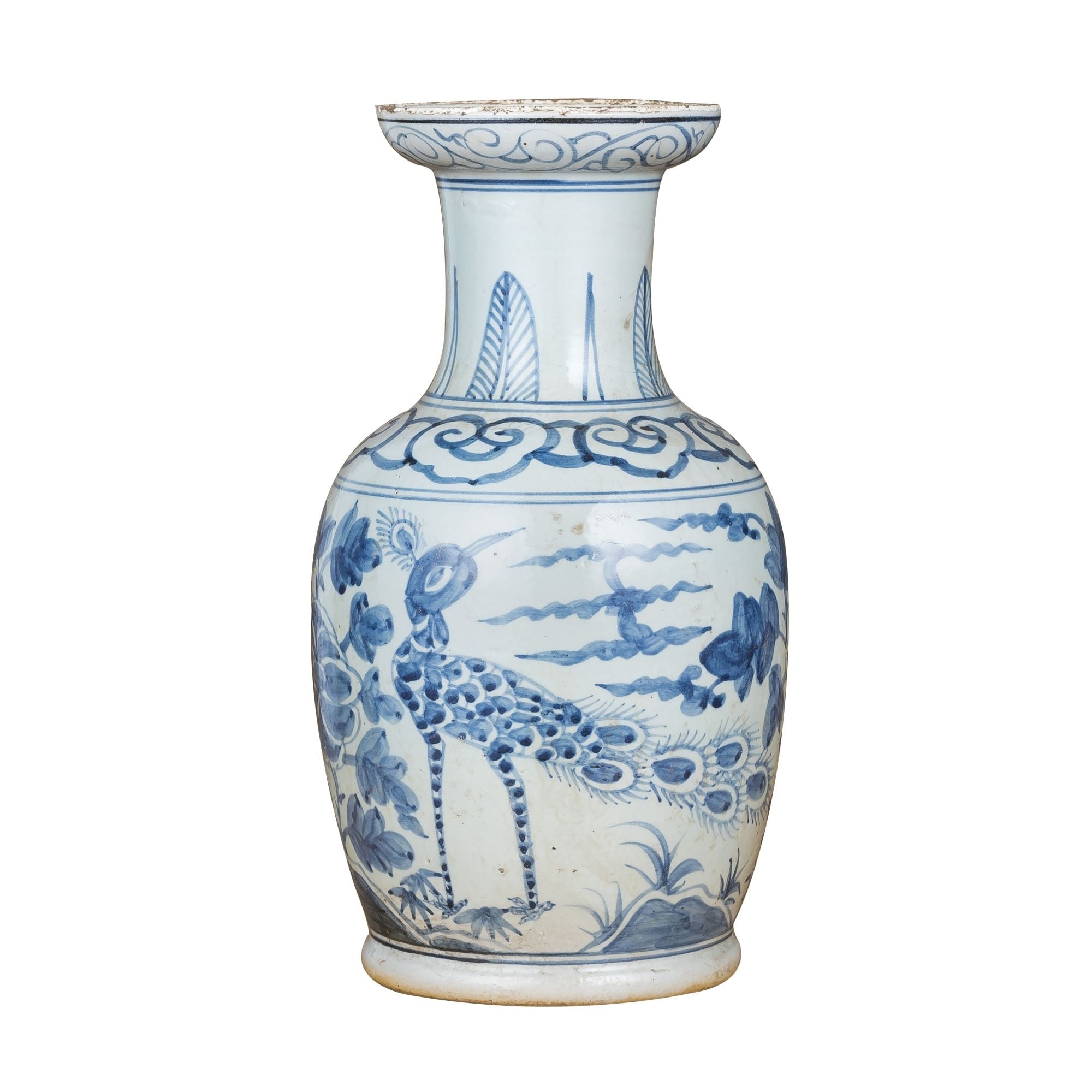 Blue And White Bird Vase With Dish Shaped Mouth