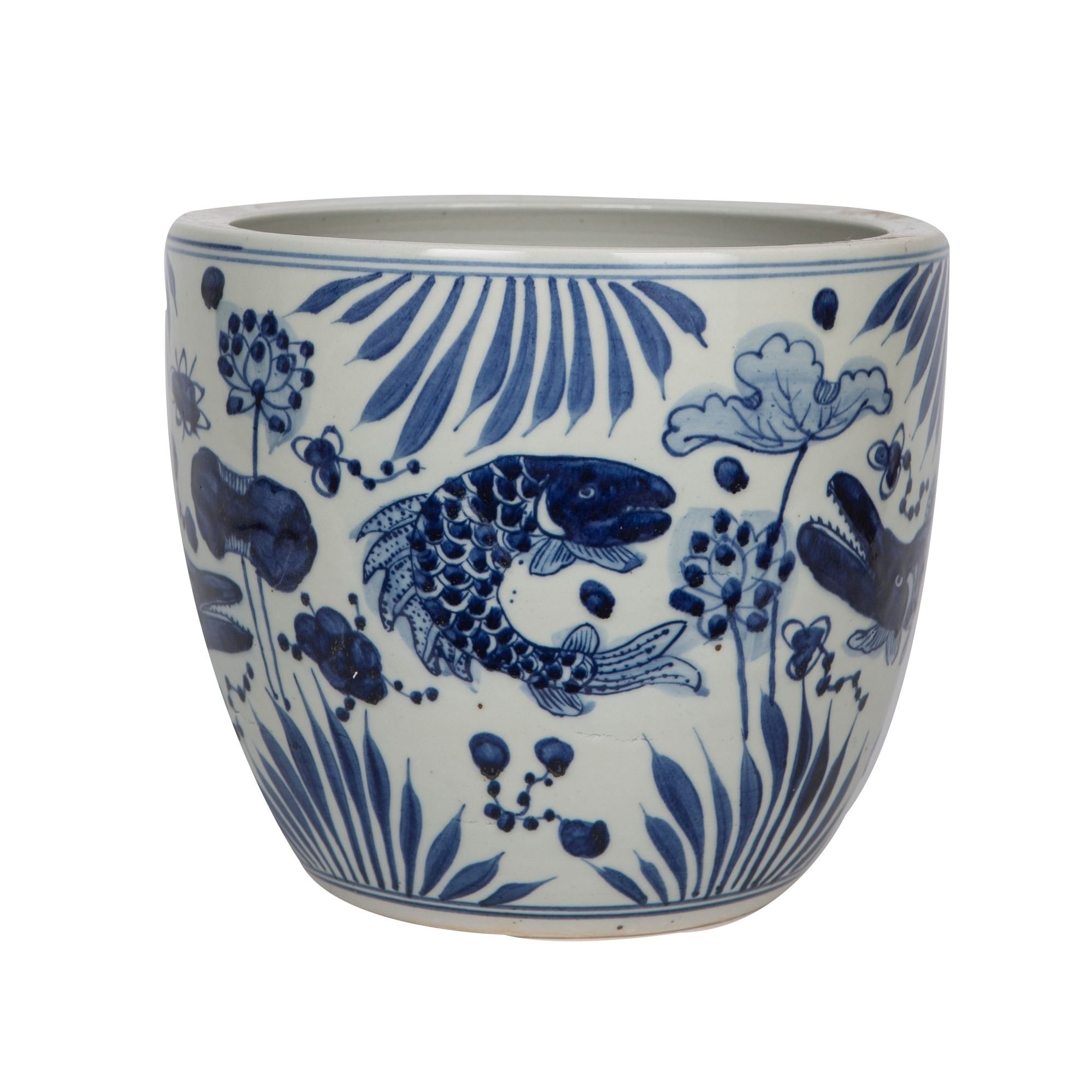Blue And White Porcelain Planter Lotus Fish Motif