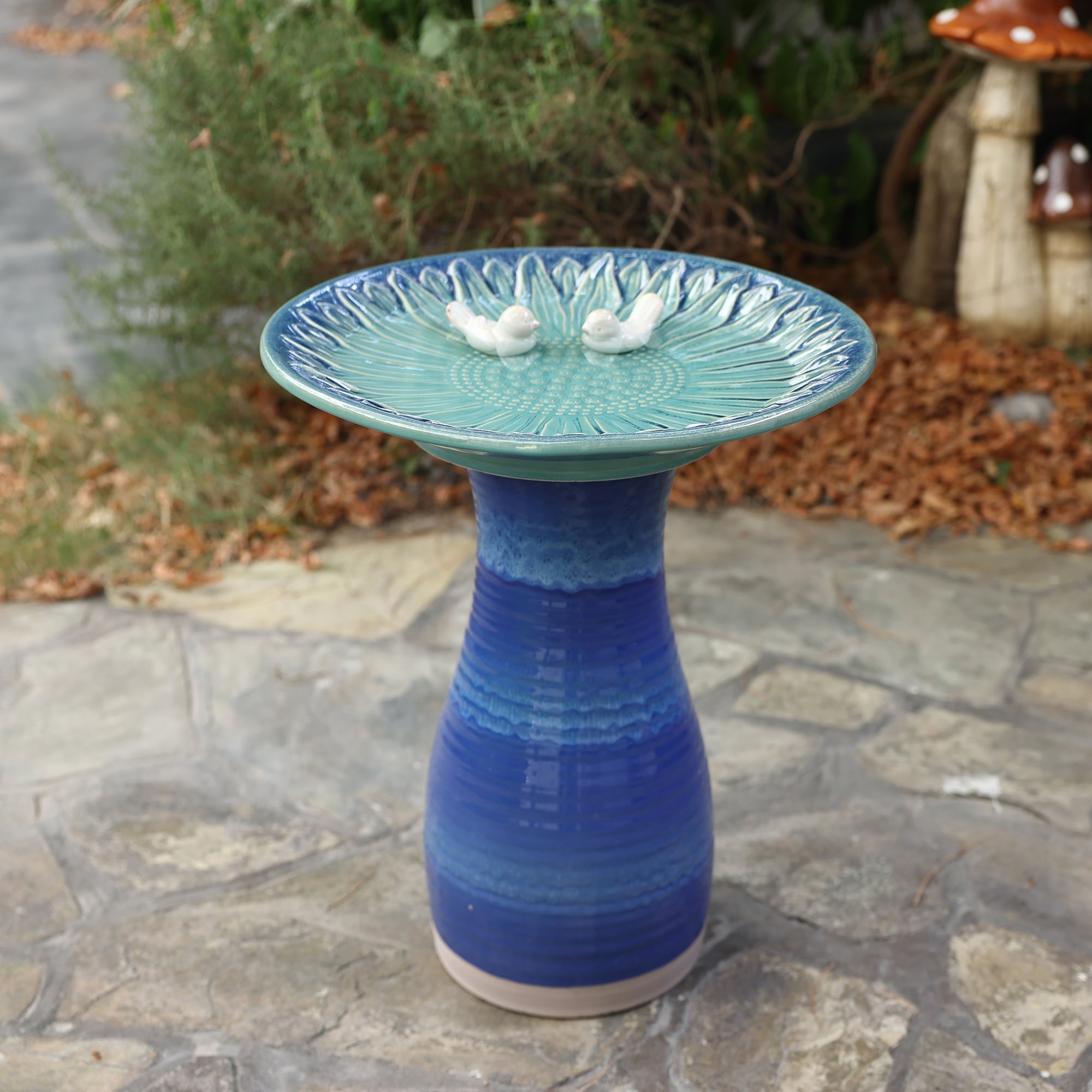 Blue Ceramic Birdbath With Two Birds Garden Accent For Outdoor Wildlife 20.47 H X 17.72 Diameter