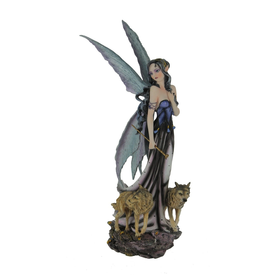 Blue Fairy In Long Dress Walking With Twin Wolves Statue 10.5 X 5.5 X 3.25 Inches