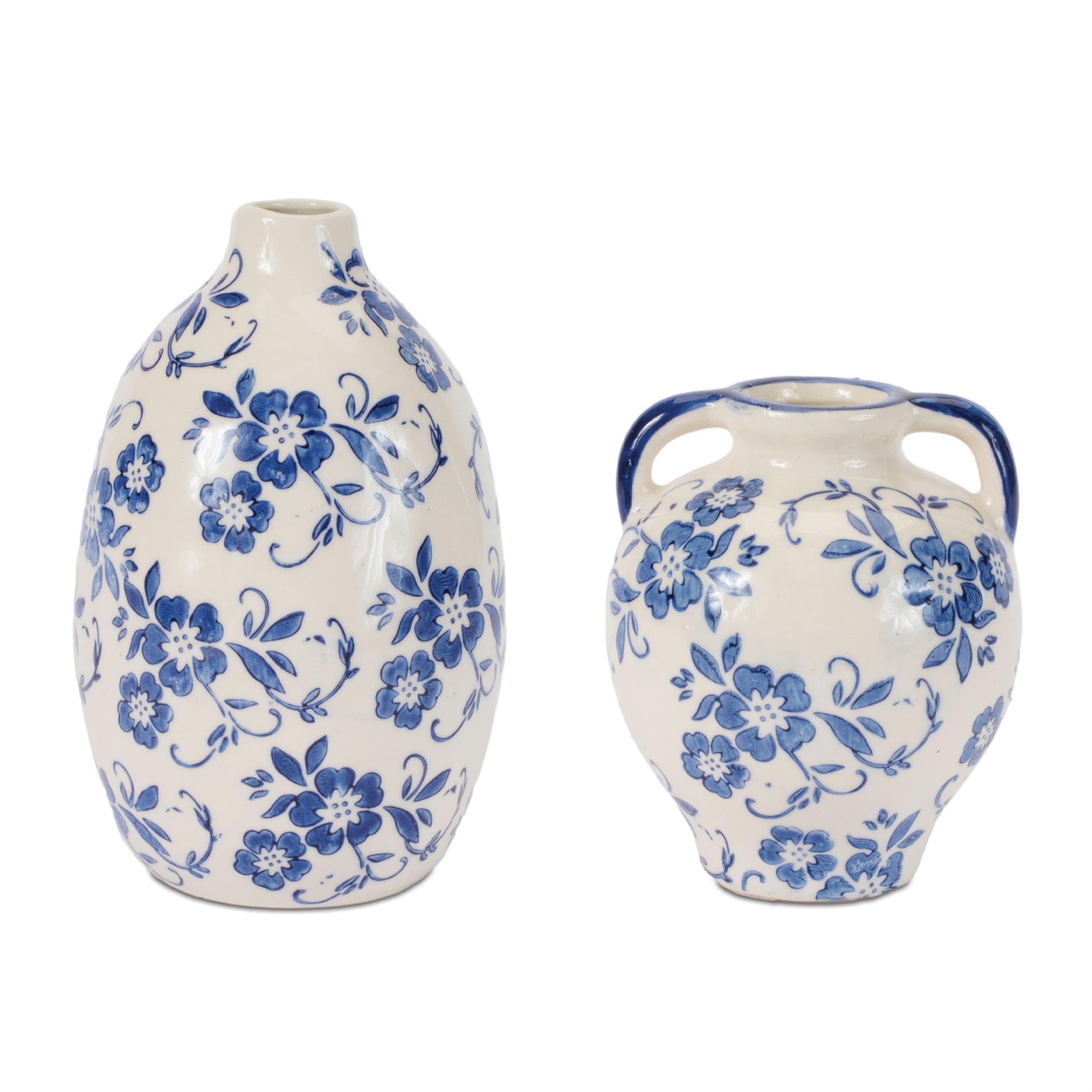 Blue Floral Stoneware Vase Set Of 4