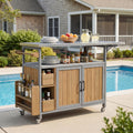 Blue Gray Brown Farmhouse Rolling Outdoor Kitchen Cart With Spice Rack Towel Rack Kitchen Island With Lockable Wheels