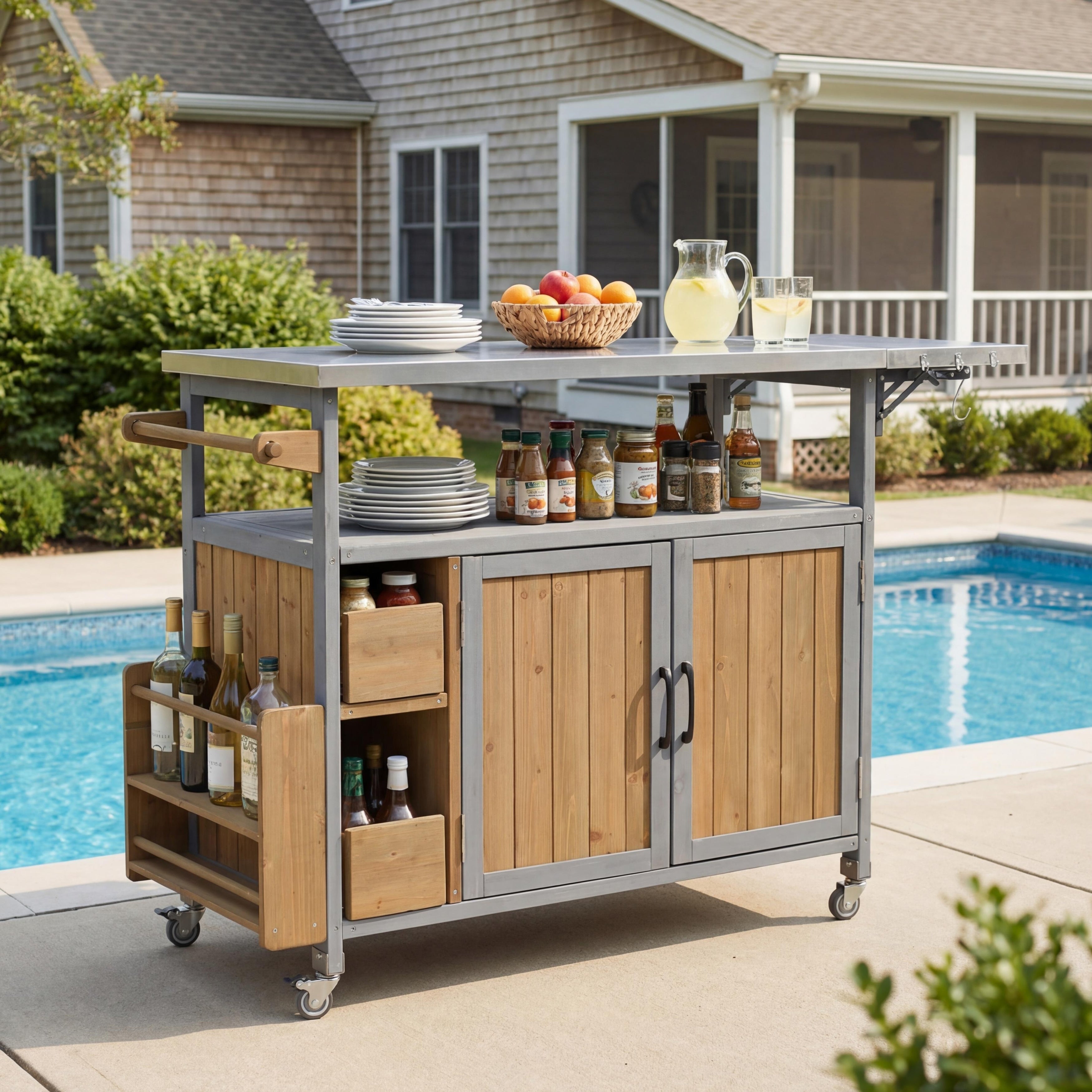 Blue Gray Brown Farmhouse Rolling Outdoor Kitchen Cart With Spice Rack Towel Rack Kitchen Island With Lockable Wheels
