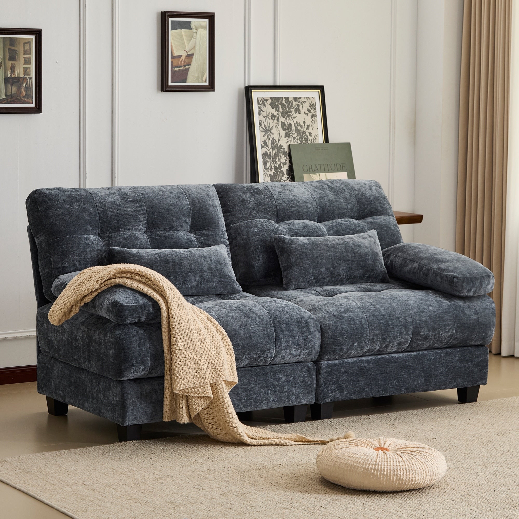 Blue Loveseat 2 Seater Sofa Couch With 2 Pillows 4 Position Reclining Sleeper Sofa Couch With Adjustable Backrest