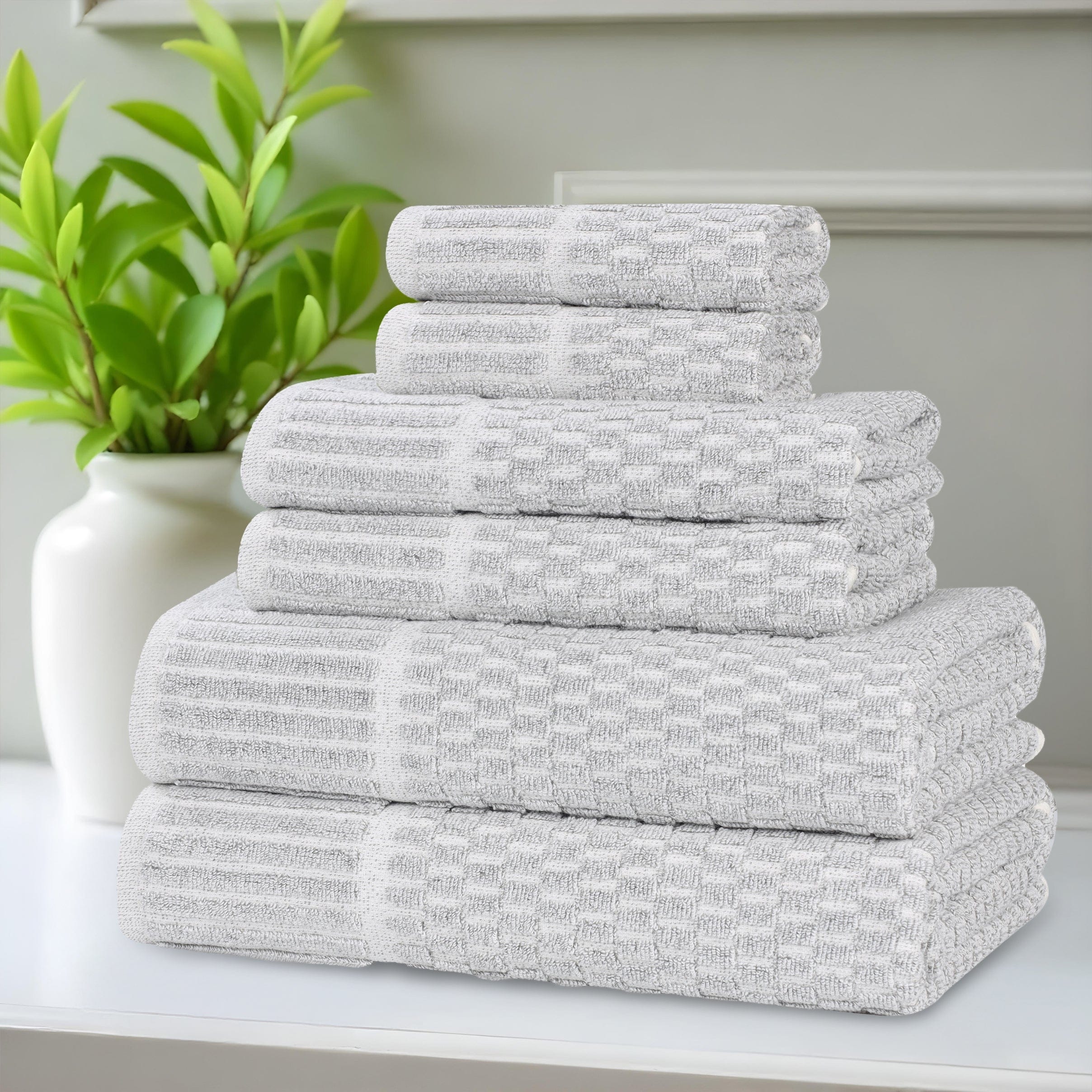 Blue Nile Mills Cotton Blend Medium Weight Checkered Border 6 Piece Towel Set
