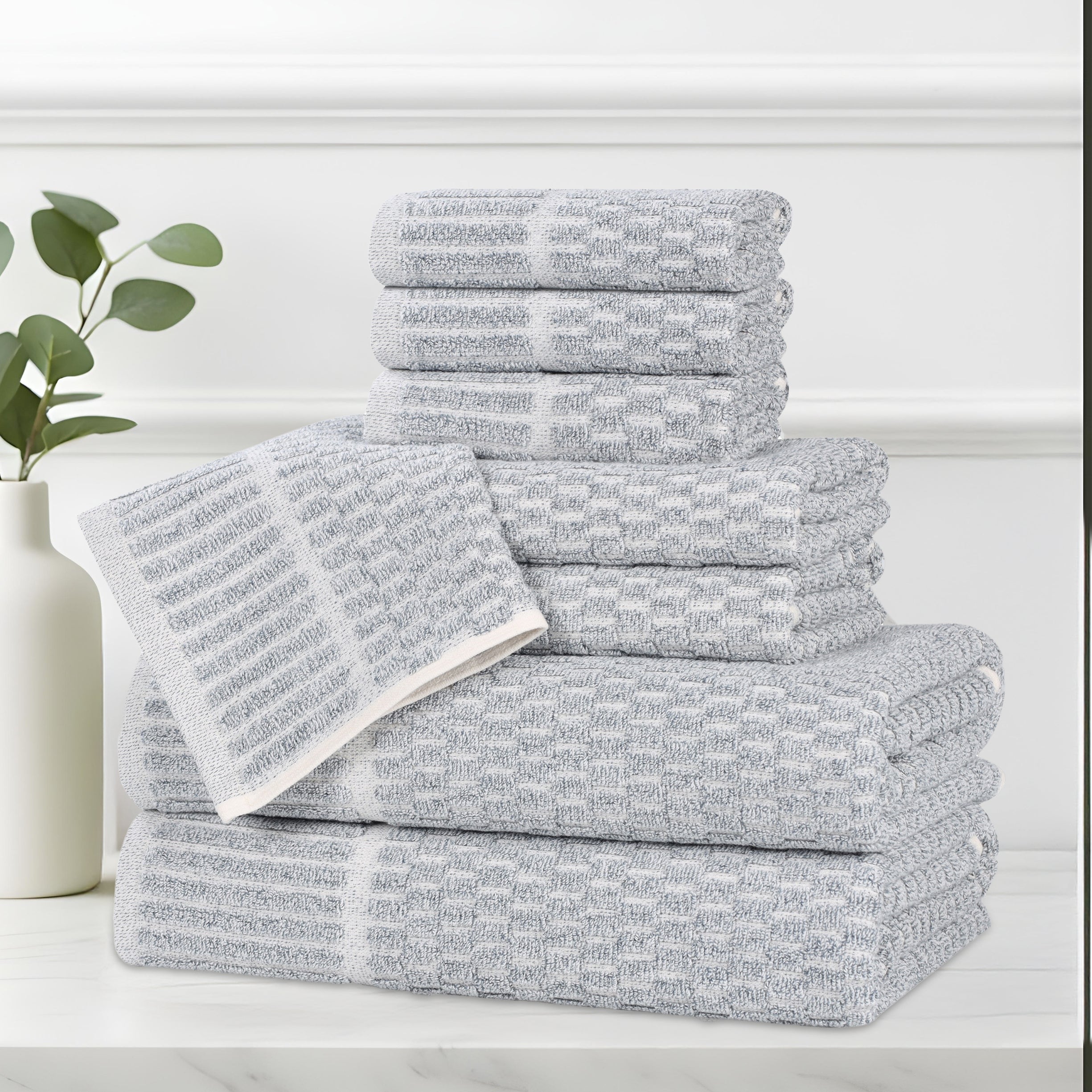 Blue Nile Mills Cotton Blend Medium Weight Checkered Border 8 Piece Towel Set