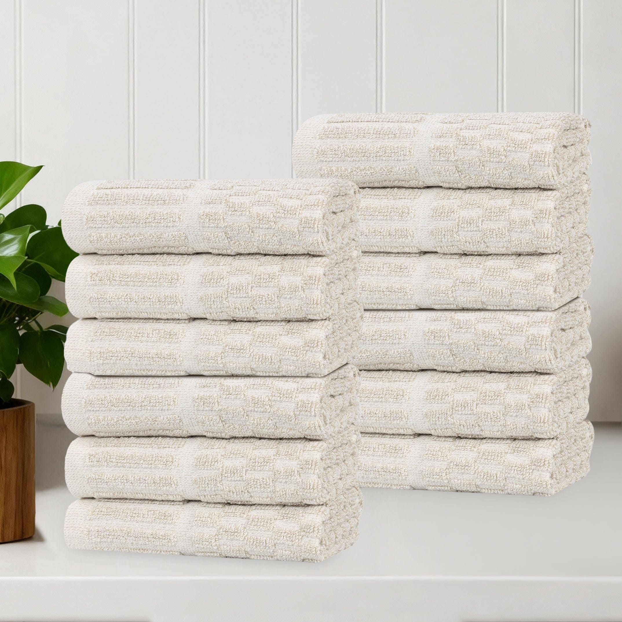 Blue Nile Mills Cotton Blend Medium Weight Checkered Border Face Towels Washcloths Set Of 12