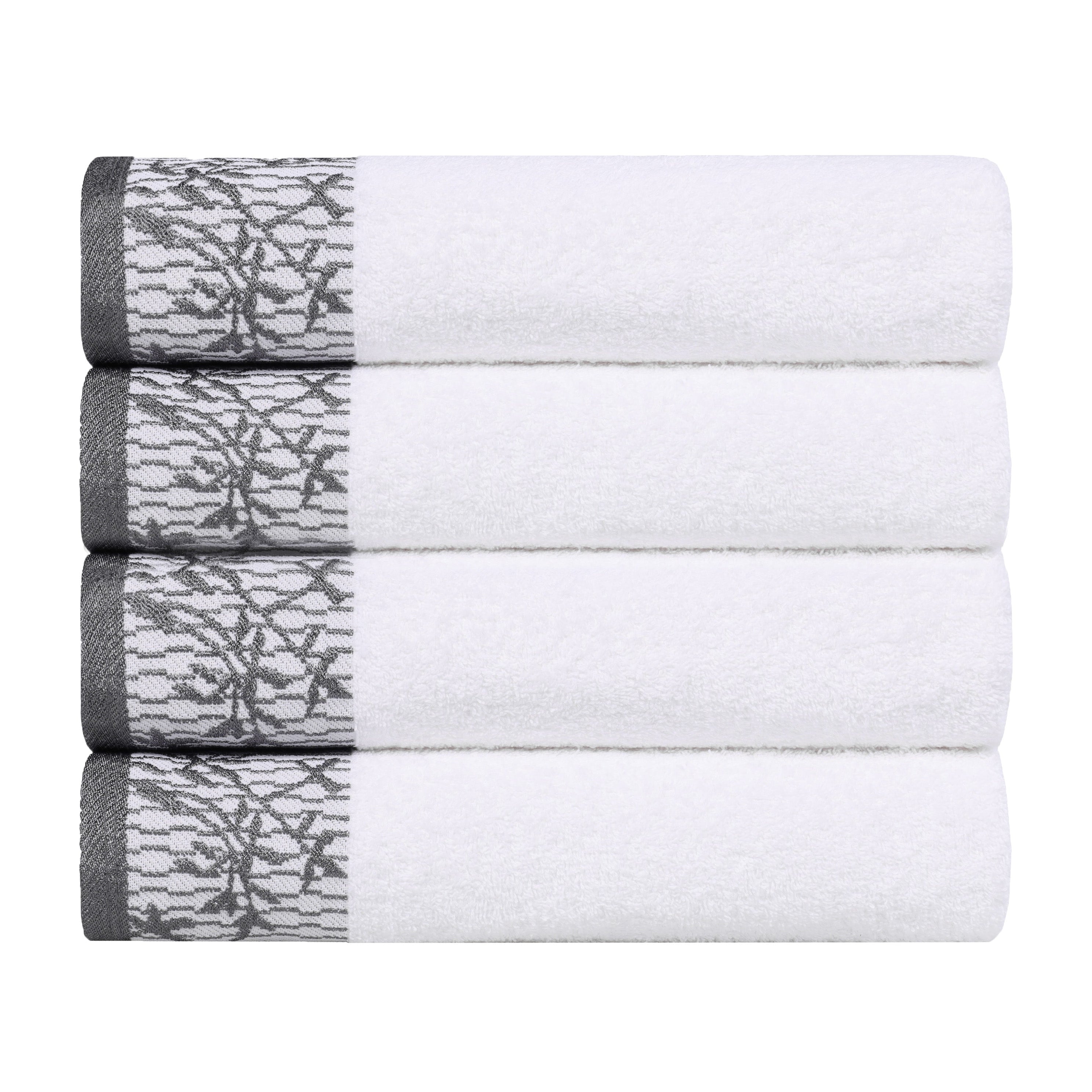 Blue Nile Mills Cotton Bath Towel Set With Floral Embroidered Jacquard Border Set Of 4