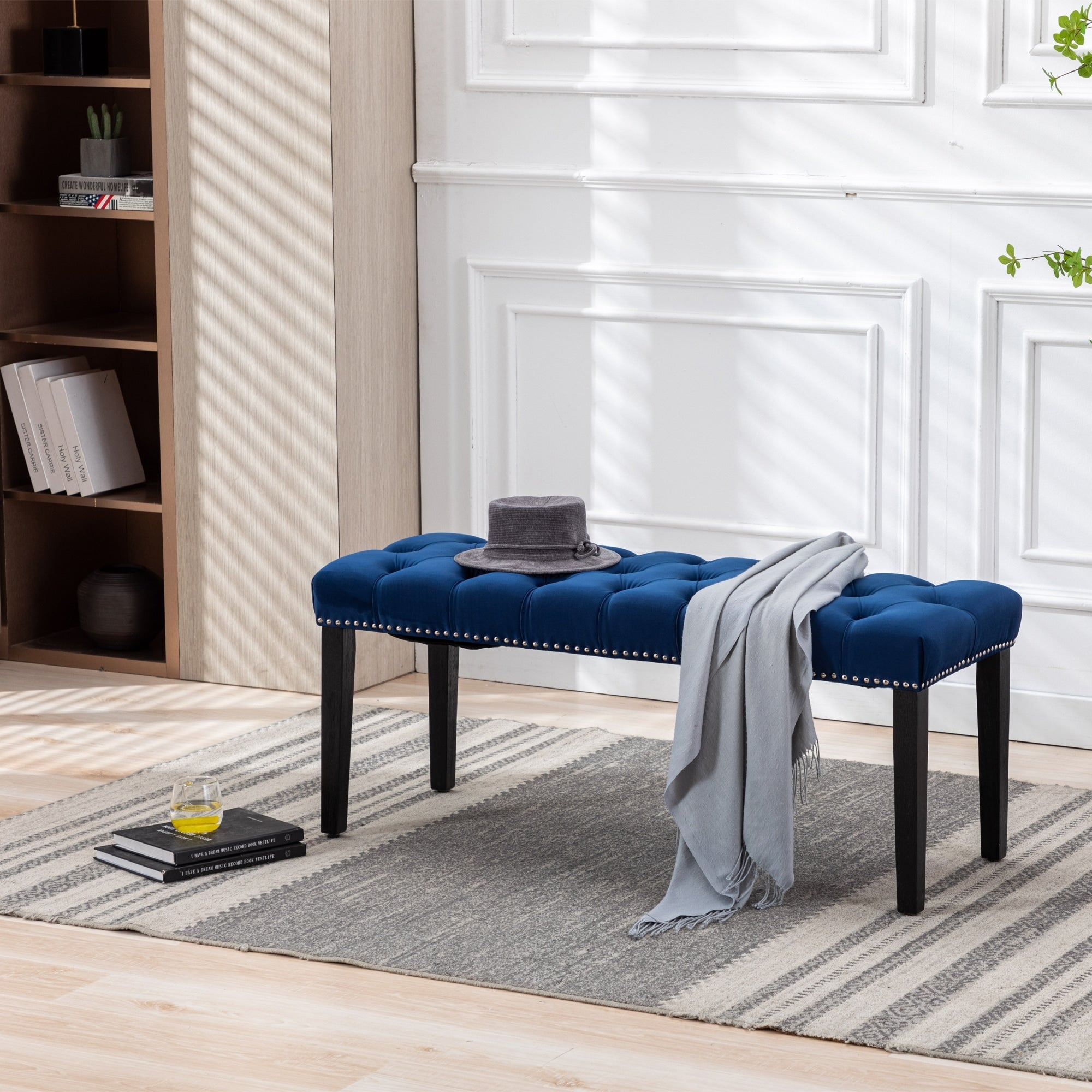 Blue Piano Bench Ottoman Leisure Bench With Wood Legs Simple Window Bench Accent Bench Corridor Bench