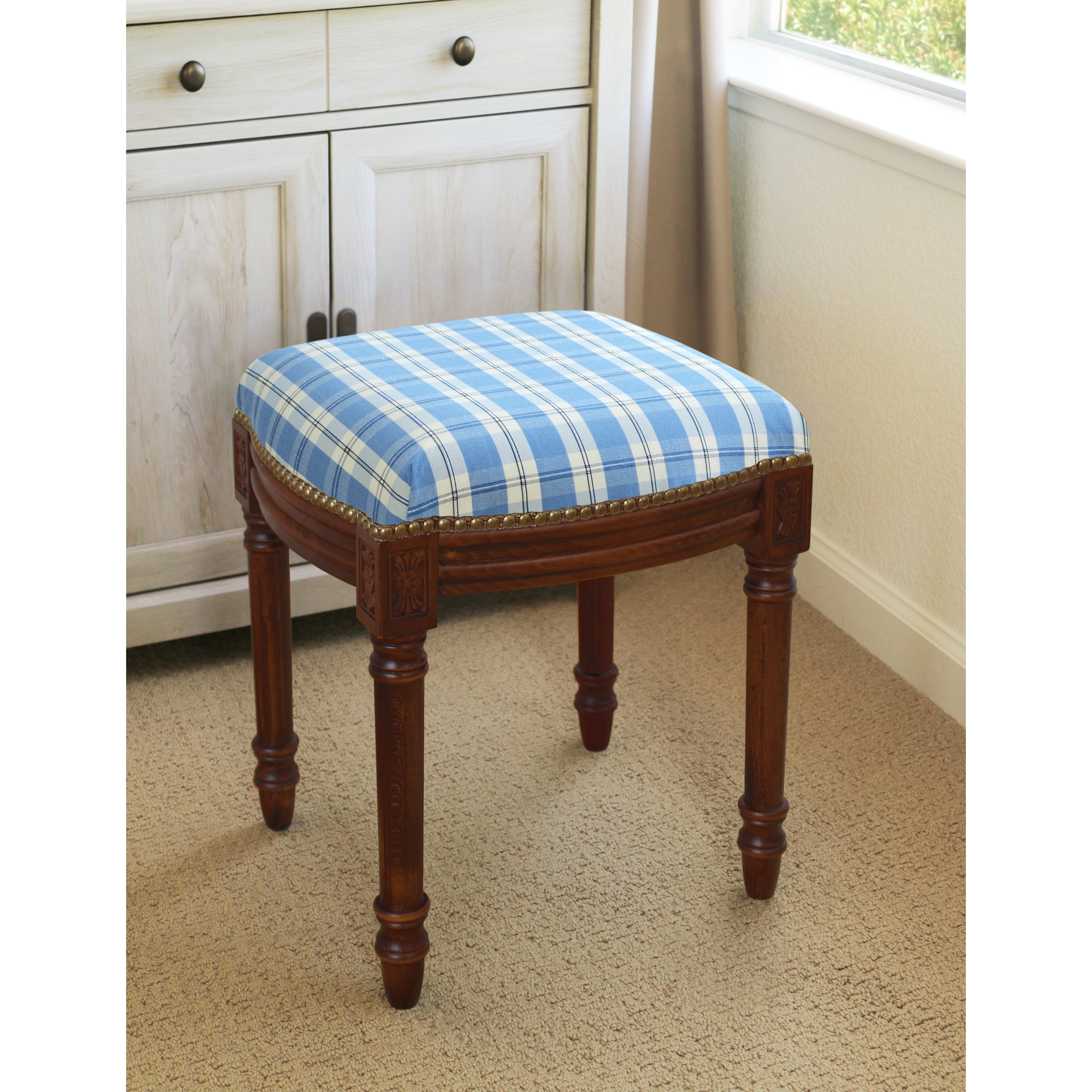 Blue Plaid Vanity Stool