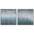 Blue Rain Abstract Textured Metallic Hand Painted Wall Art Diptych Set Canvas