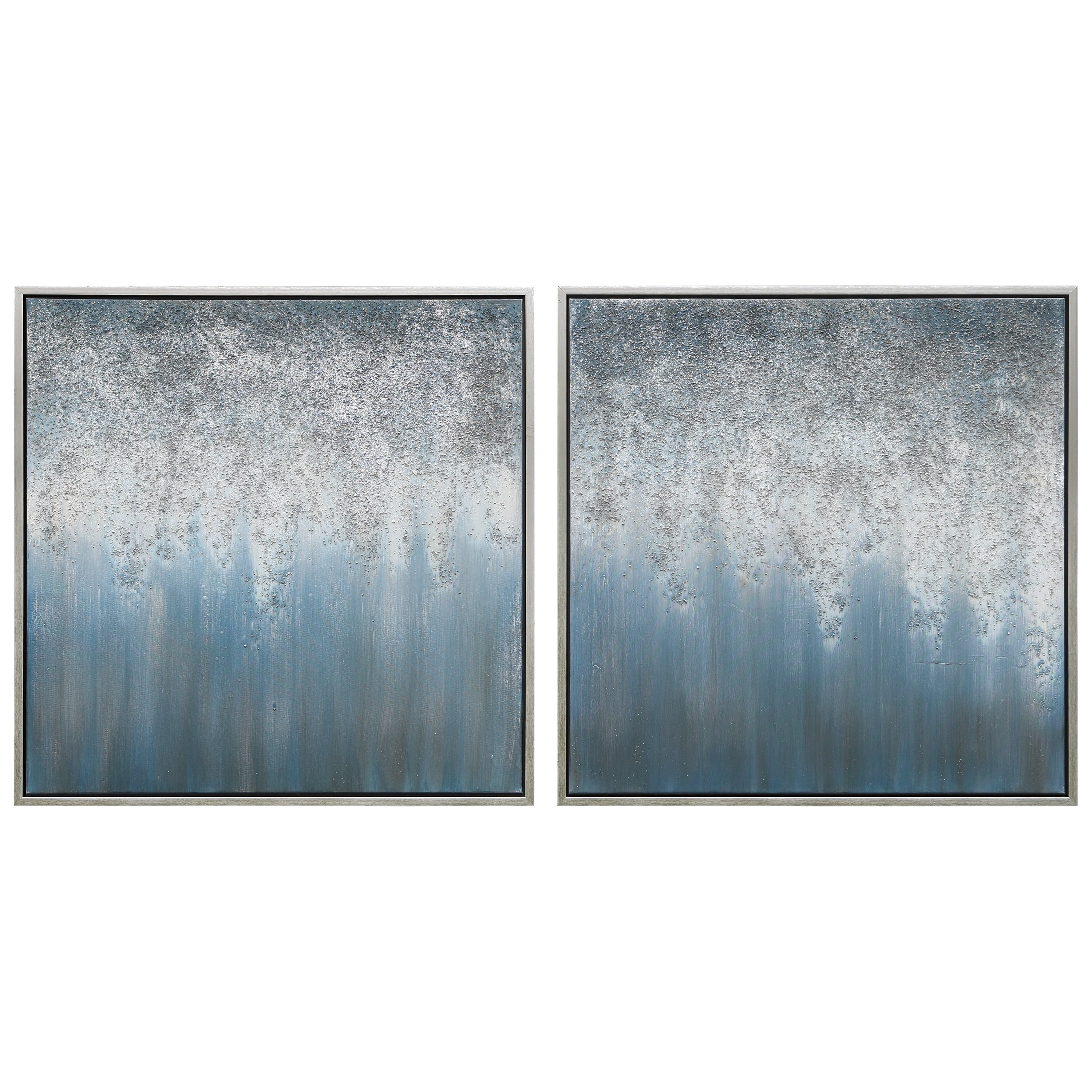 Blue Rain Abstract Textured Metallic Hand Painted Wall Art Diptych Set Canvas
