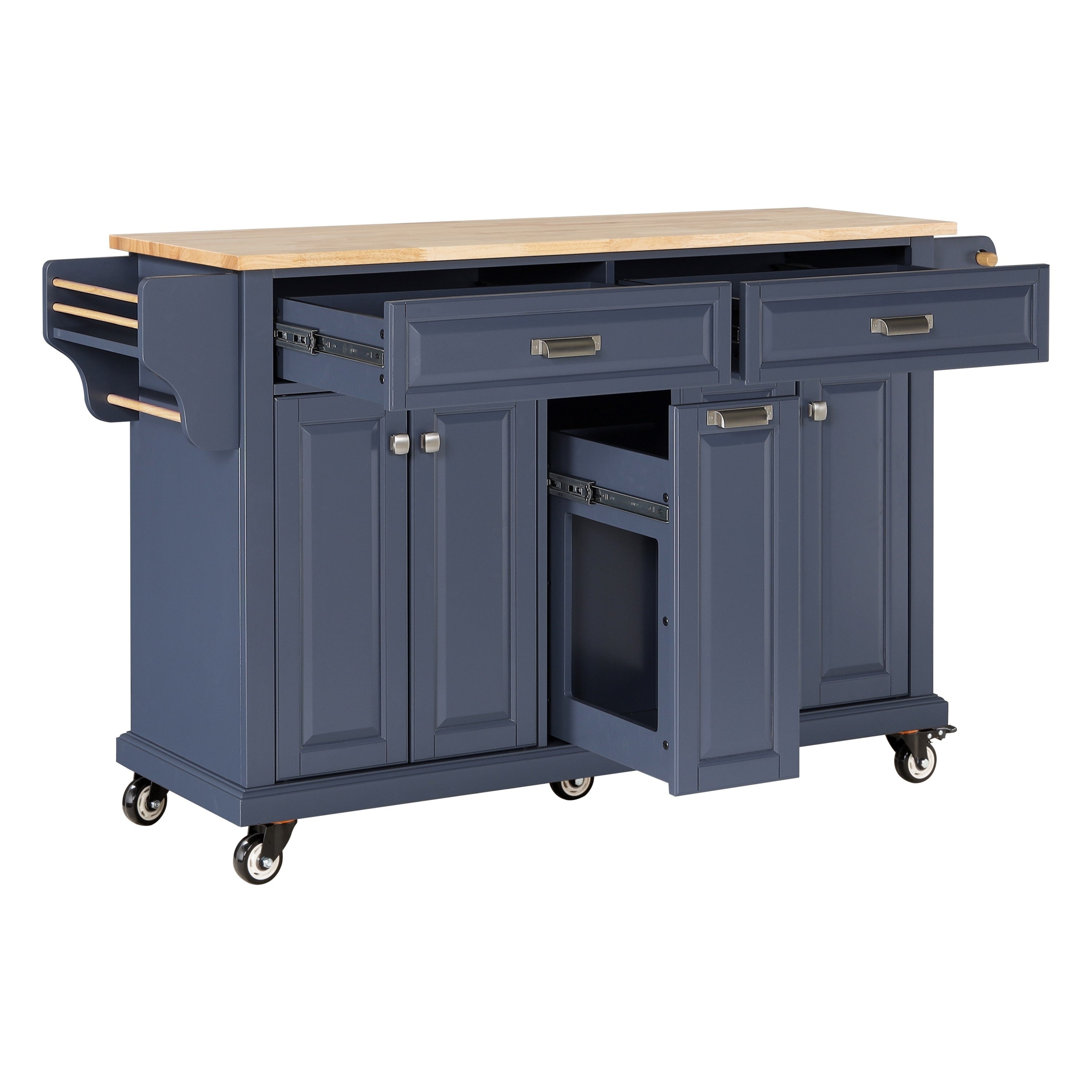Blue Rolling Kitchen Cart With Towel Rack Spice Rack Kitchen Island With 2 Drawers Adjustable Shelves