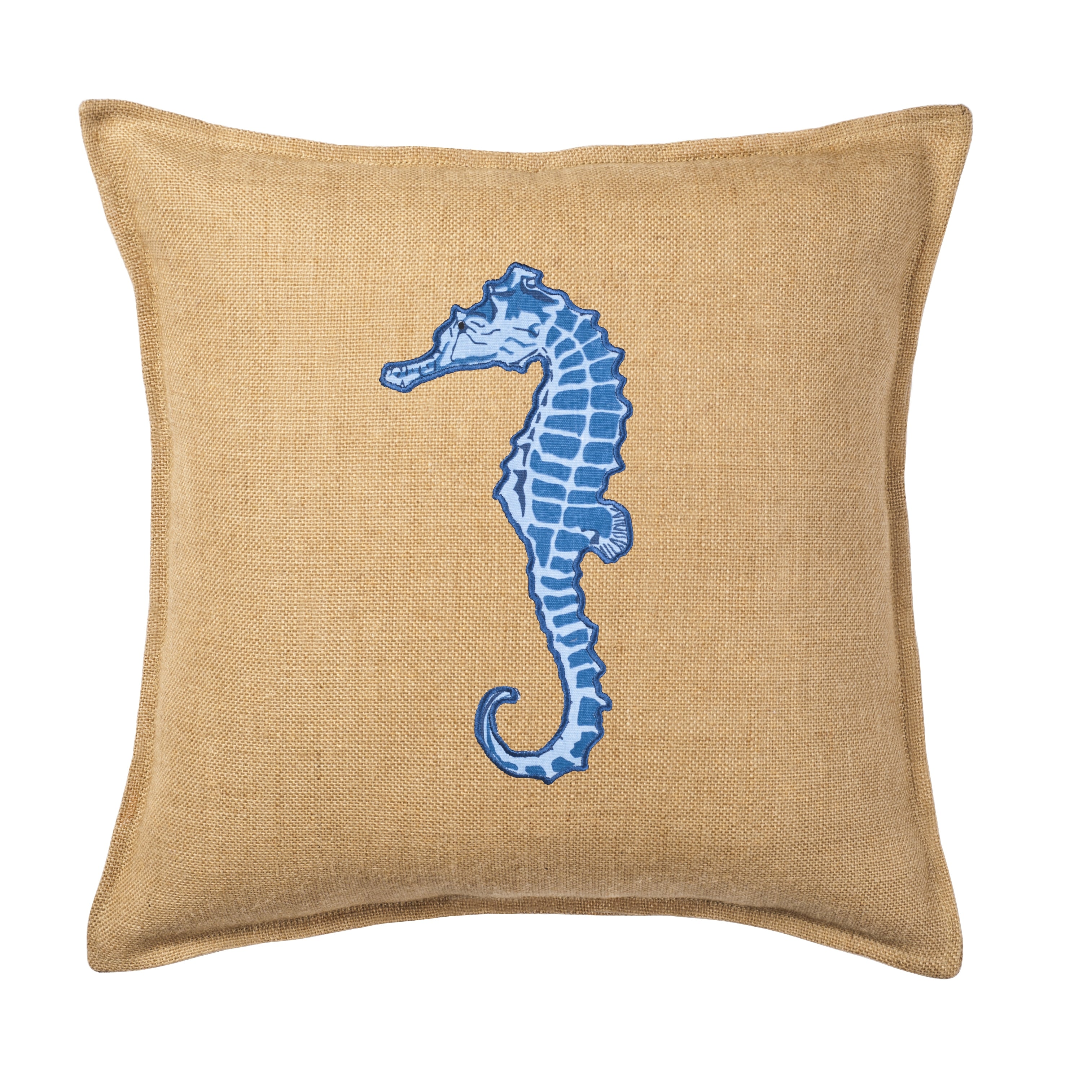 Blue Seahorse Applique Burlap 20 Inch Pillow