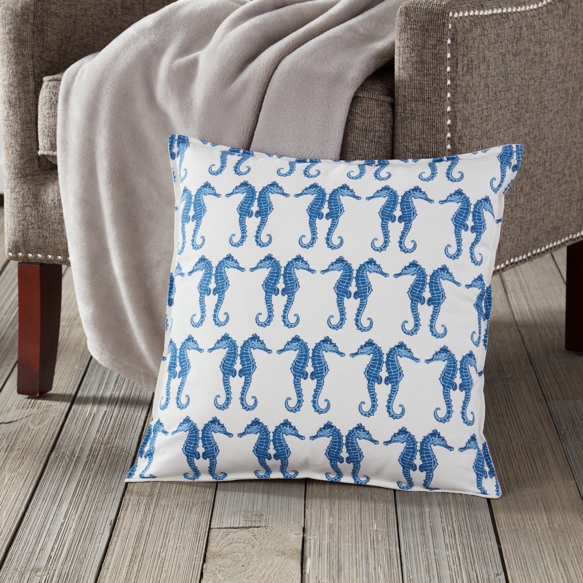 Blue Seahorse Repeat Cotton Canvas 20 Inch Pillow