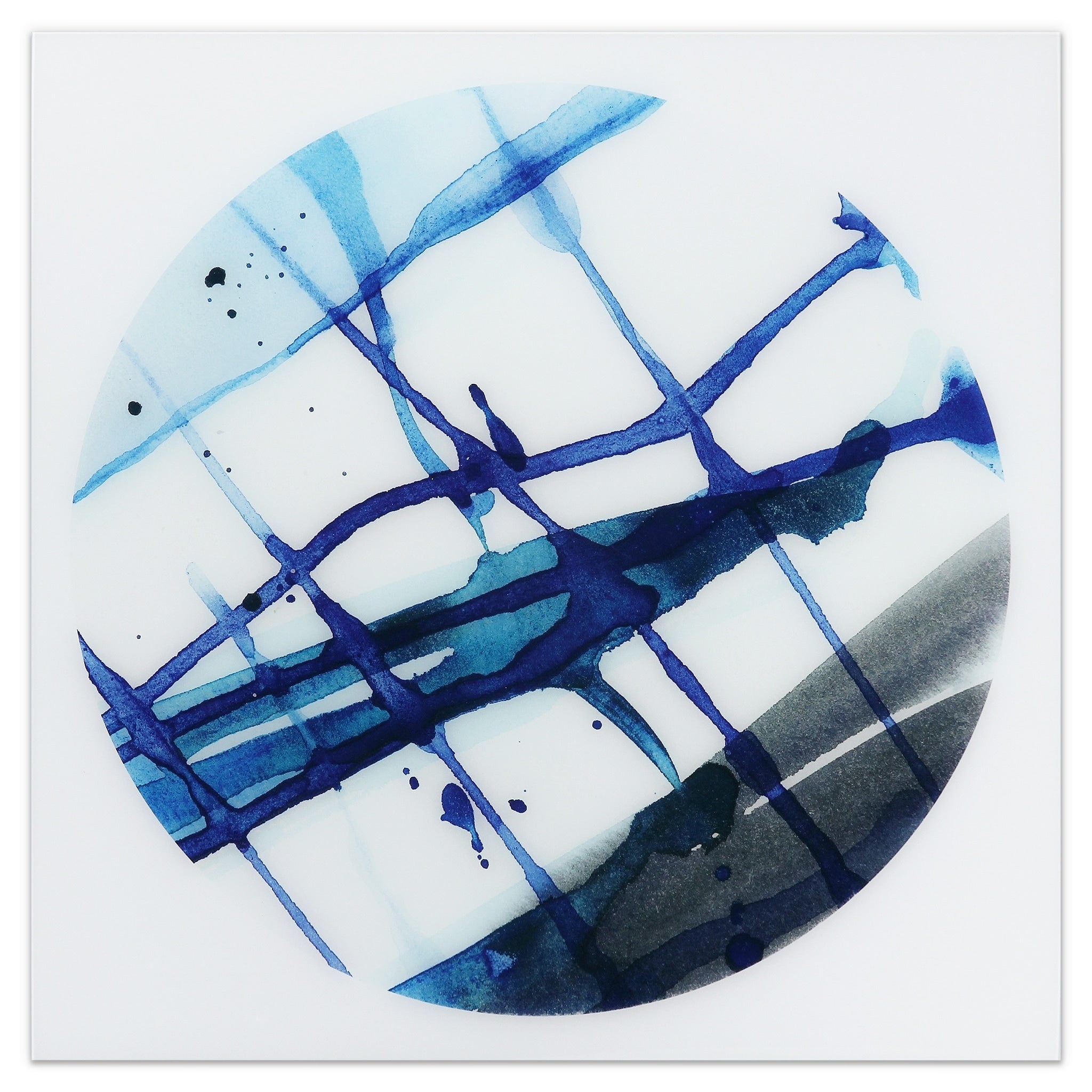 Blue Stripes Frameless Free Floating Tempered Glass Panel Graphic Wall Art Blue White