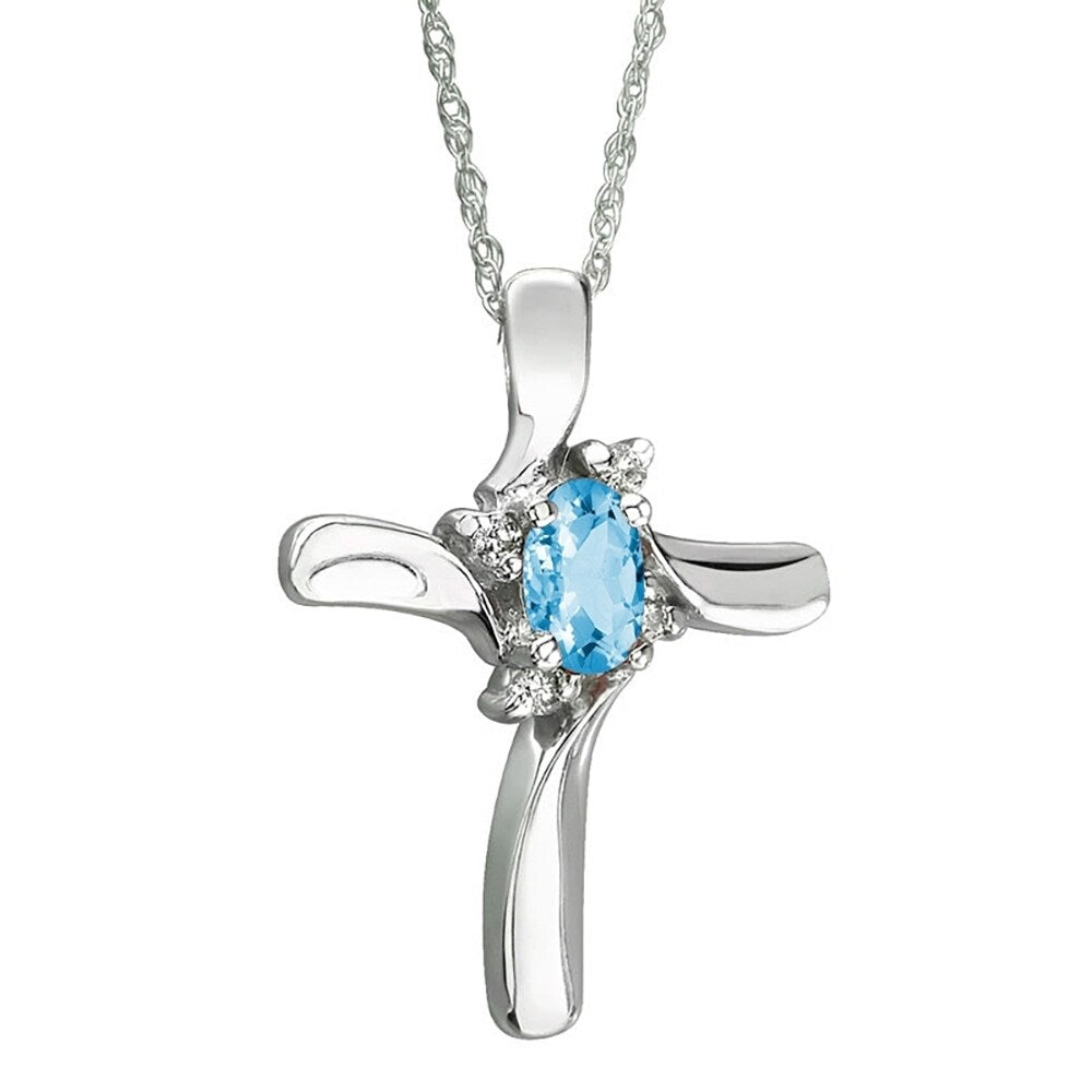 Blue Topaz And Diamond Cross Pendant In 10K White Gold