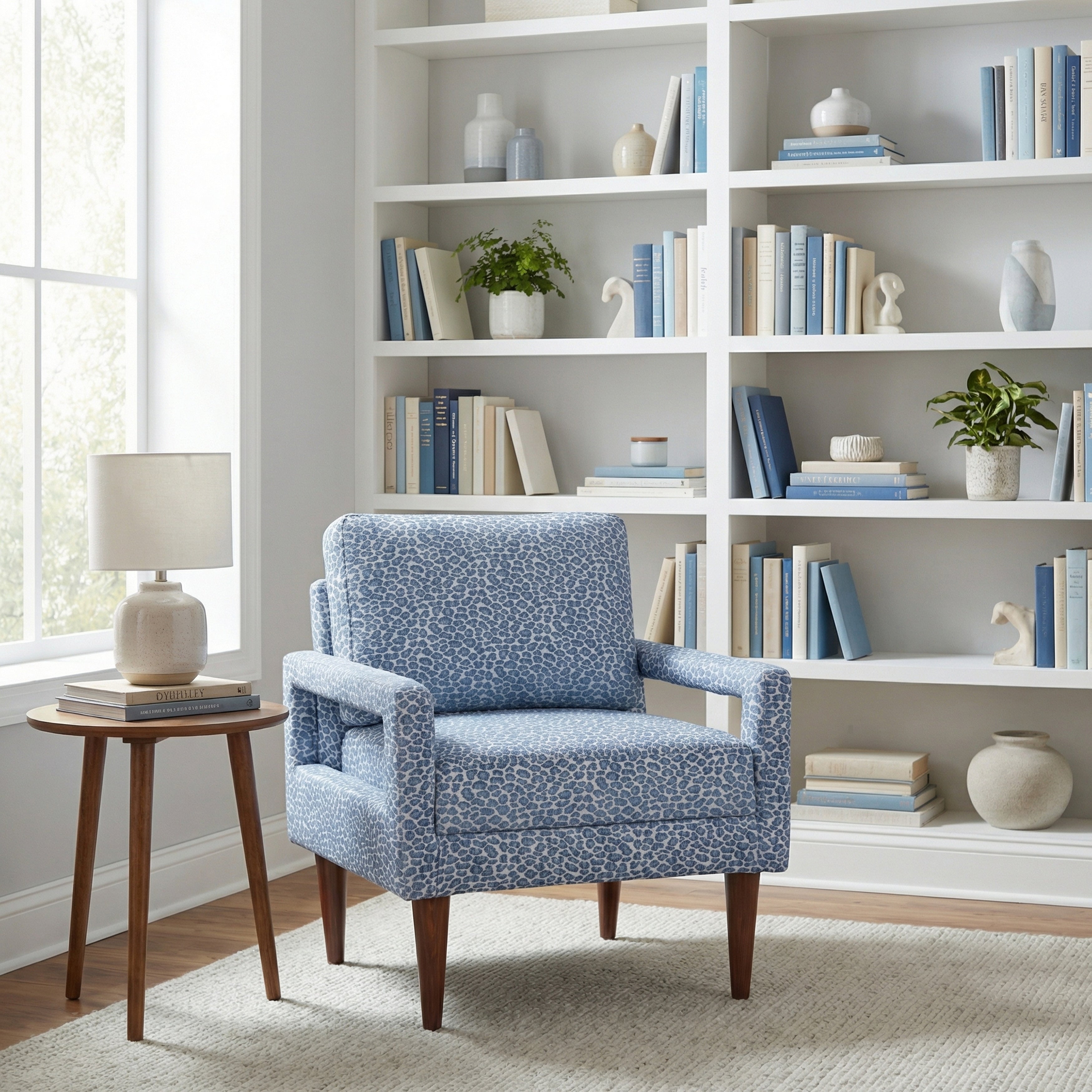 Blue Upholstered Accent Armchair With Wood Frame