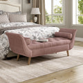Blue Velvet Guernsey Ottoman Button Tufted Bench With Pillows Rolled Arms Wood Legs