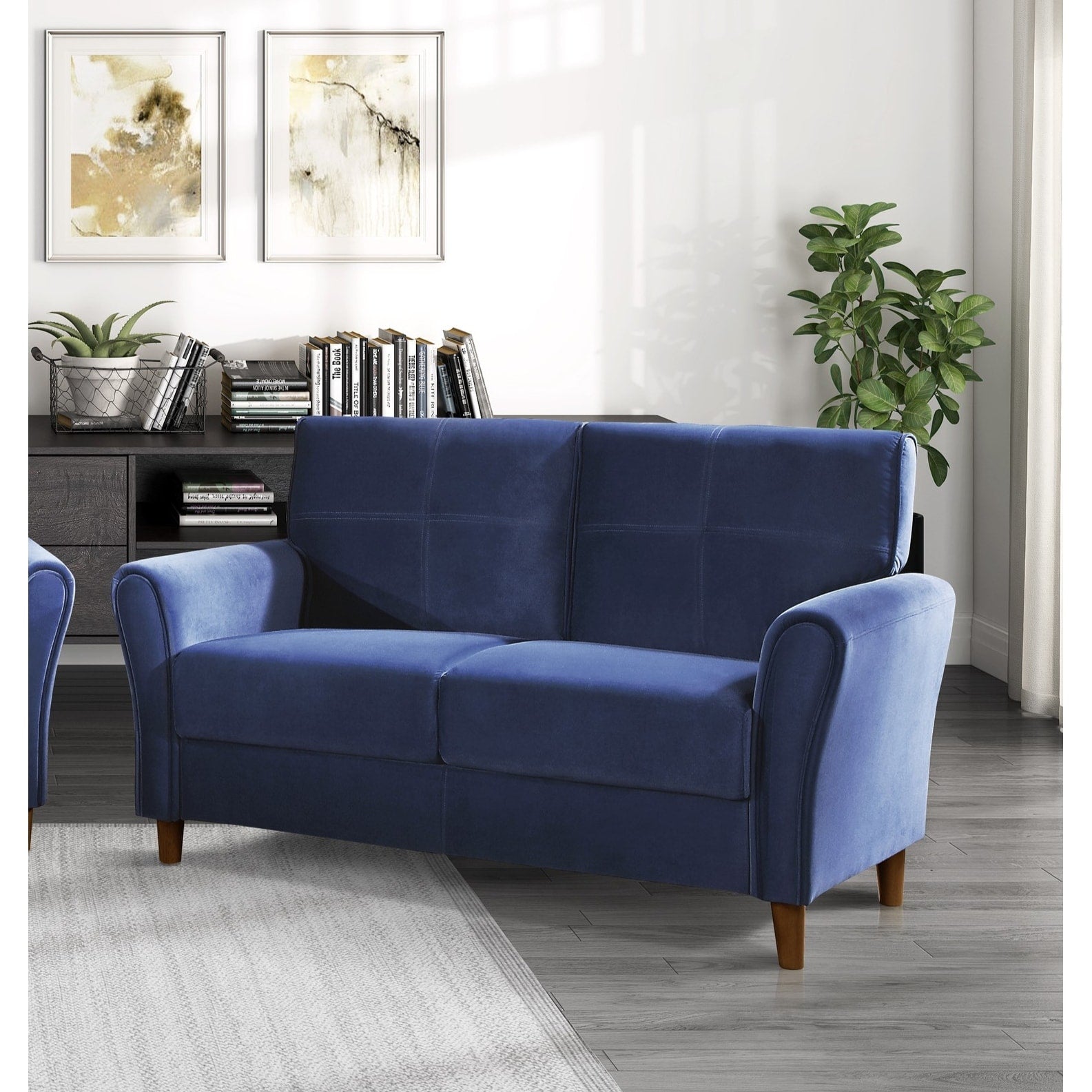 Blue Velvet Upholstery 1Pc Comfort Loveseat Plush Seatbacks Tufted Detail Solid Wood Frame