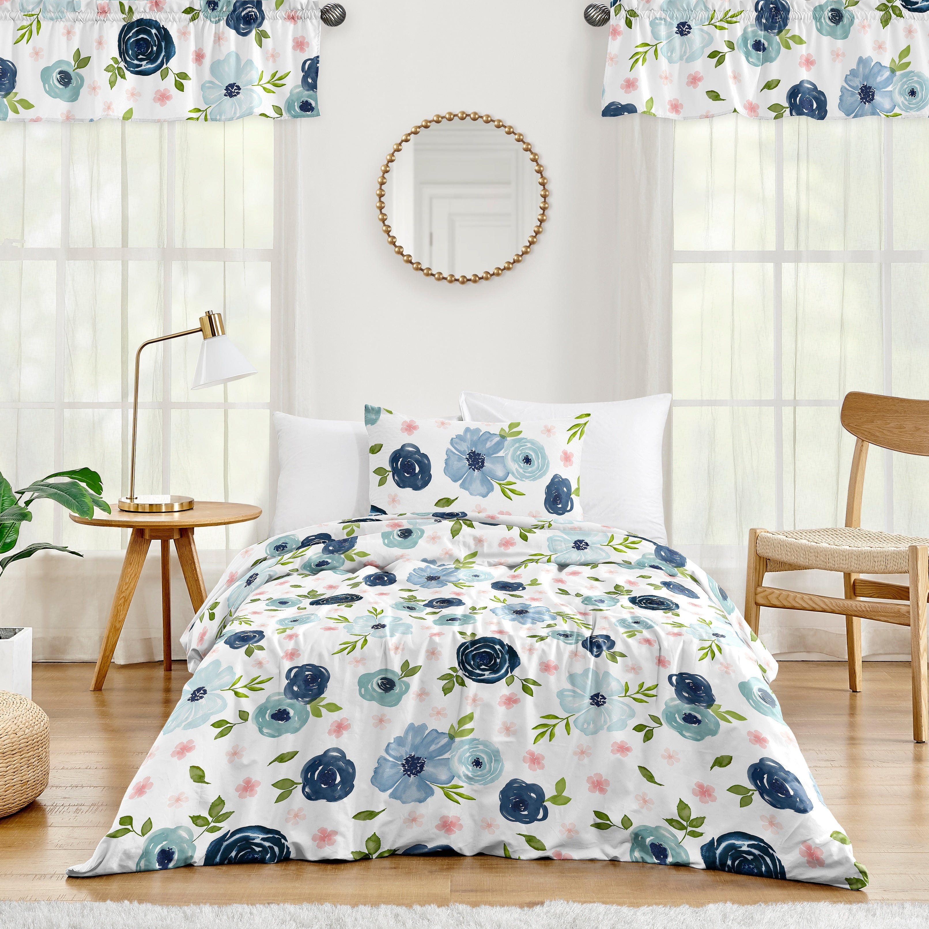 Navy Blue And Pink Watercolor Floral Girl 4Pc Twin Comforter Set Blush Green White Shabby Chic Rose Flower