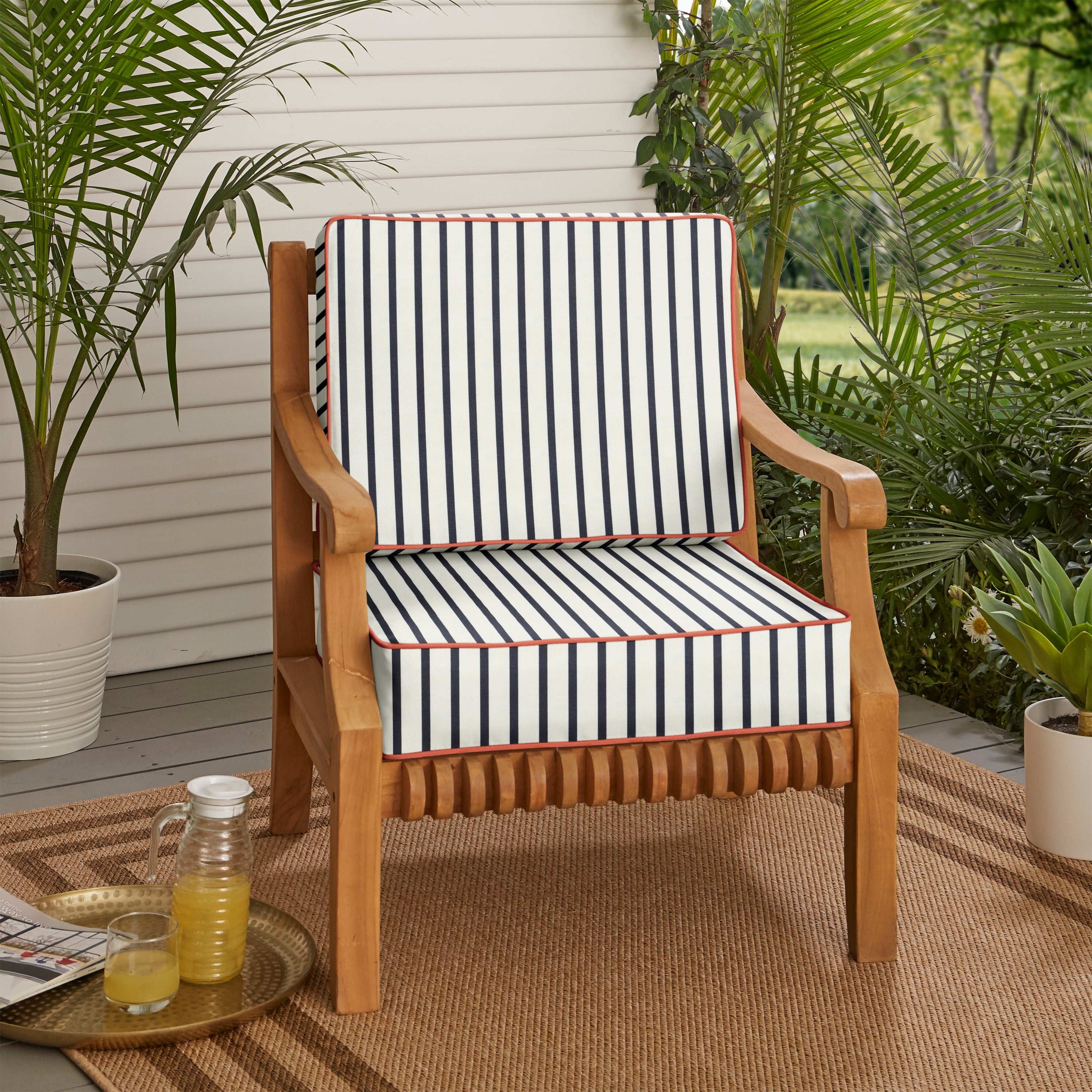 Blue White Stripe With Melon Indoor Outdoor Corded Cushion Set