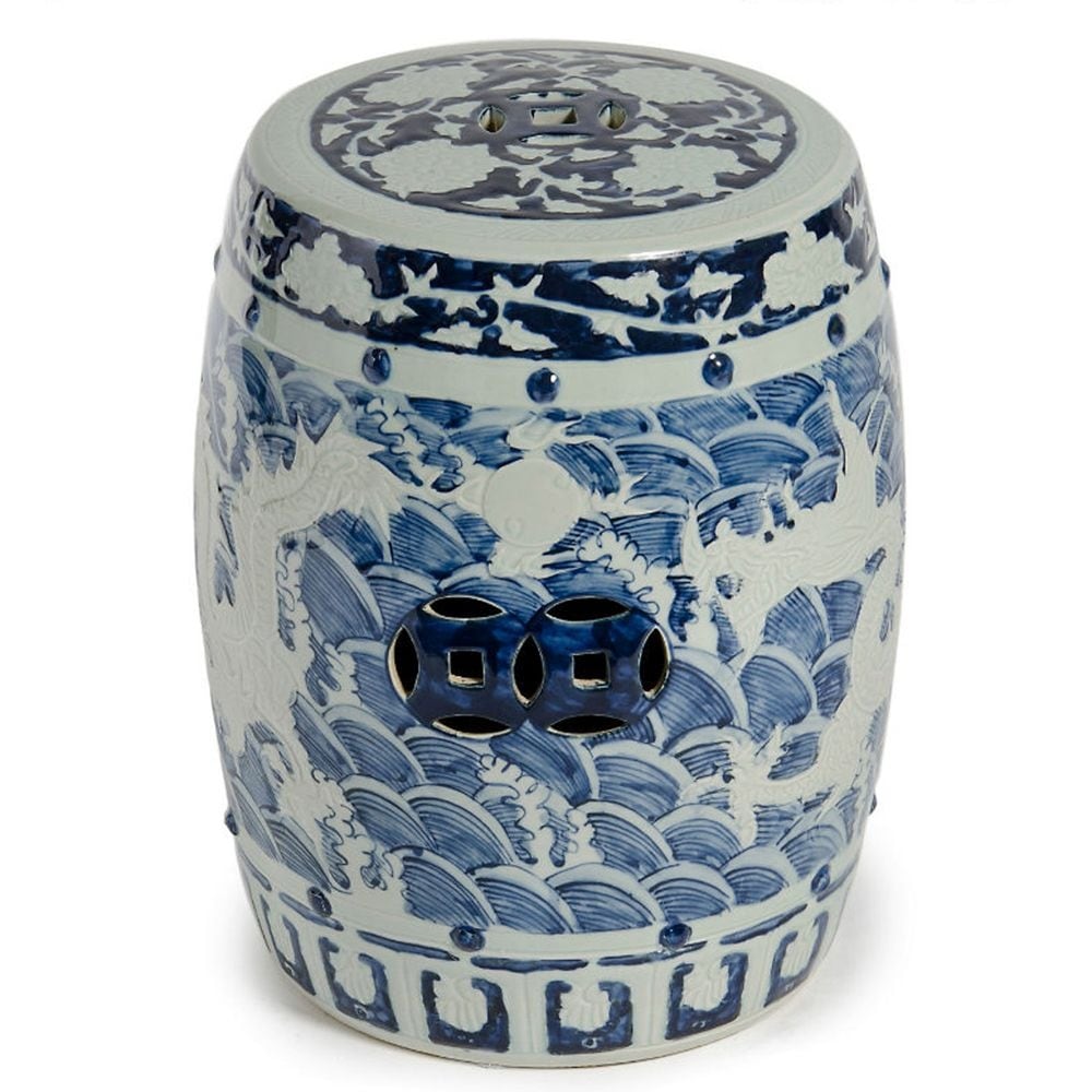 Blue White Carved Dragon Garden Stool