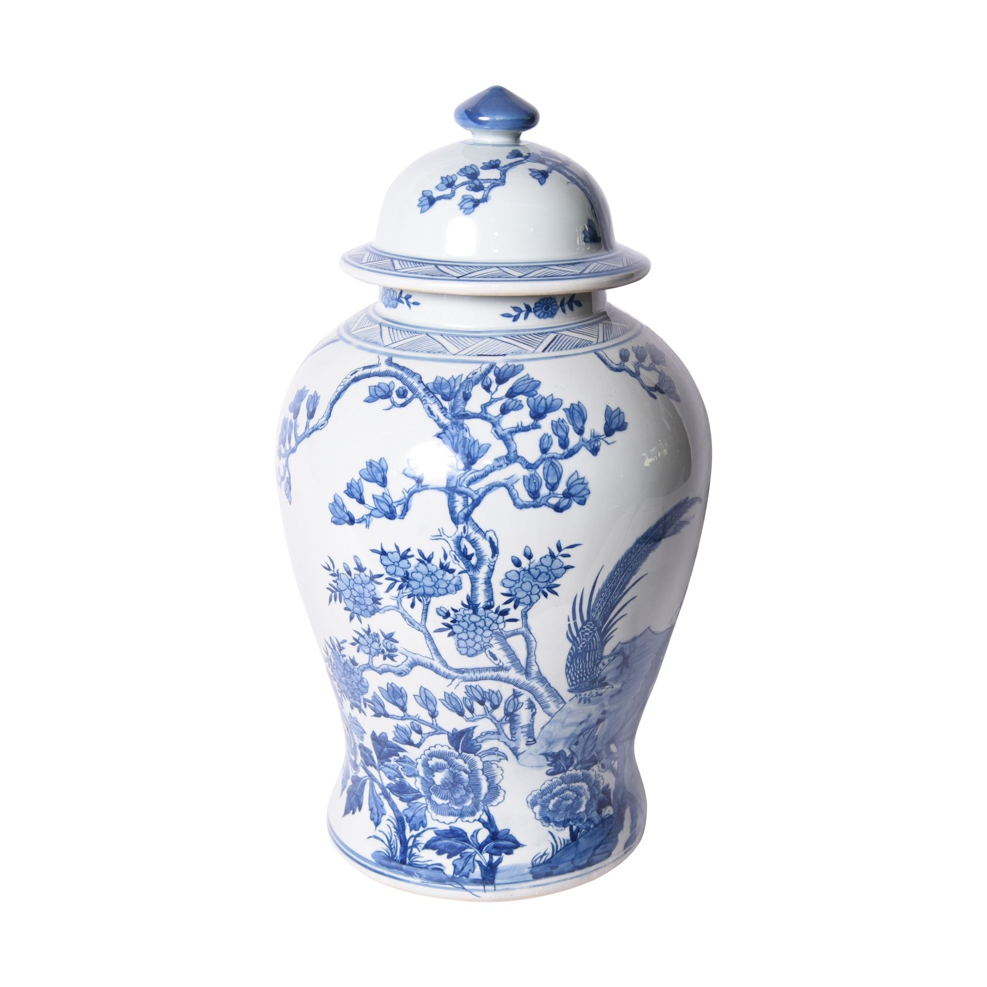 Blue White Magnolia Pheasant Porcelain Temple Jar 12X12X20