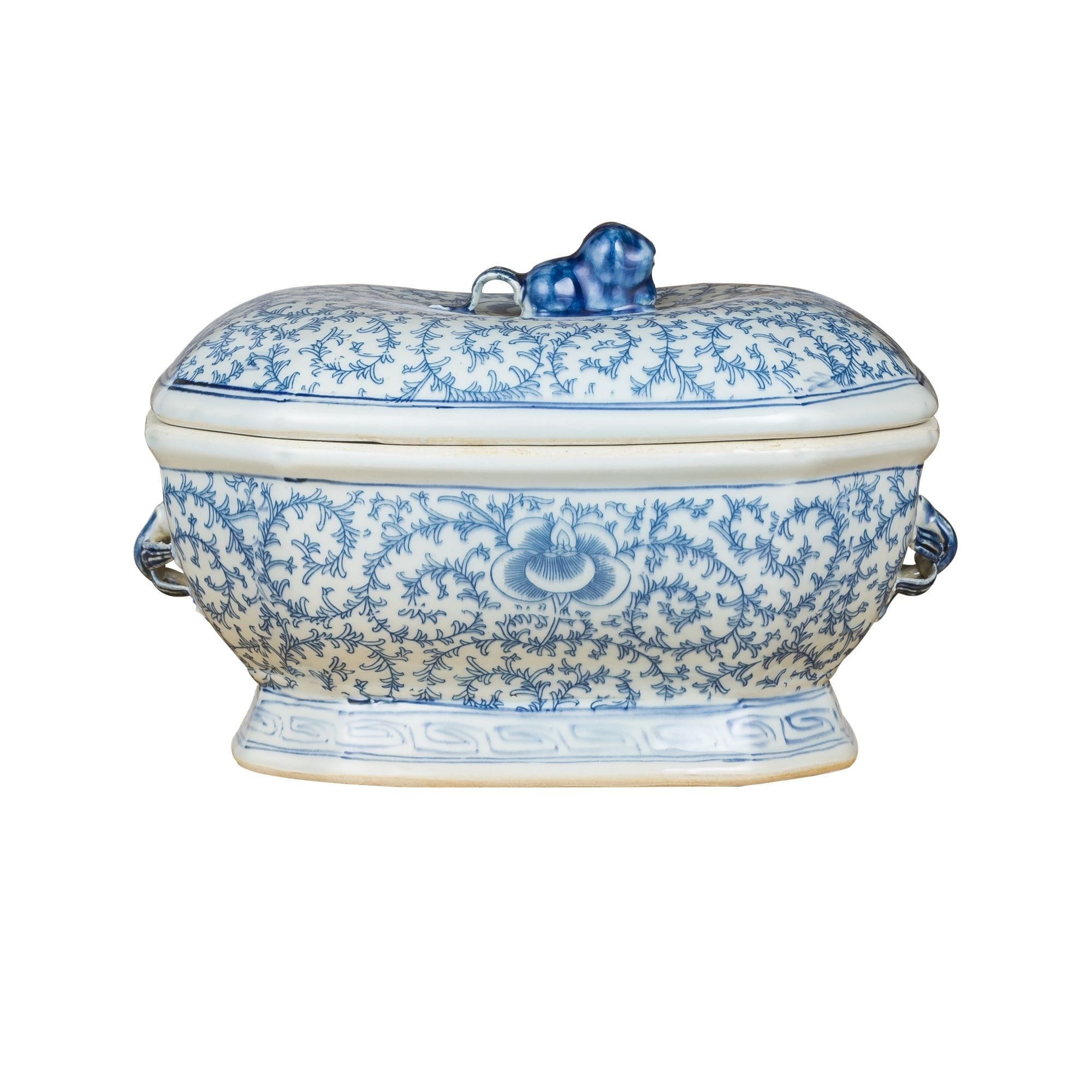Blue White Oval Fruit Jar Floral Motif With Squirrel Lid 13.5X9X9