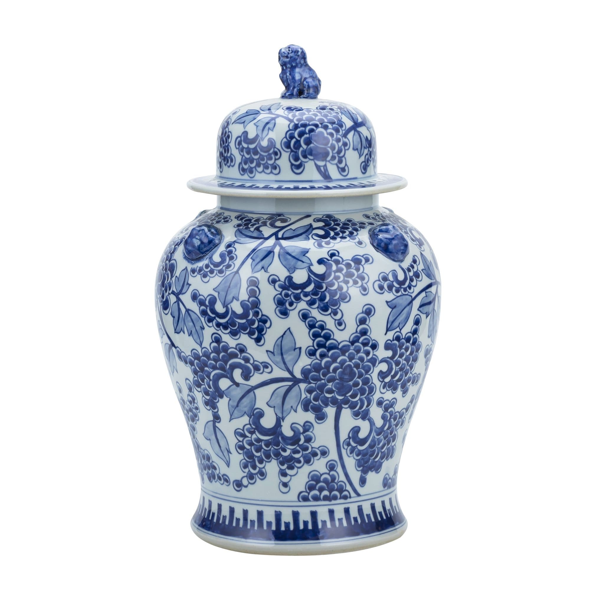 Blue White Peony Temple Jar With Lion Handles