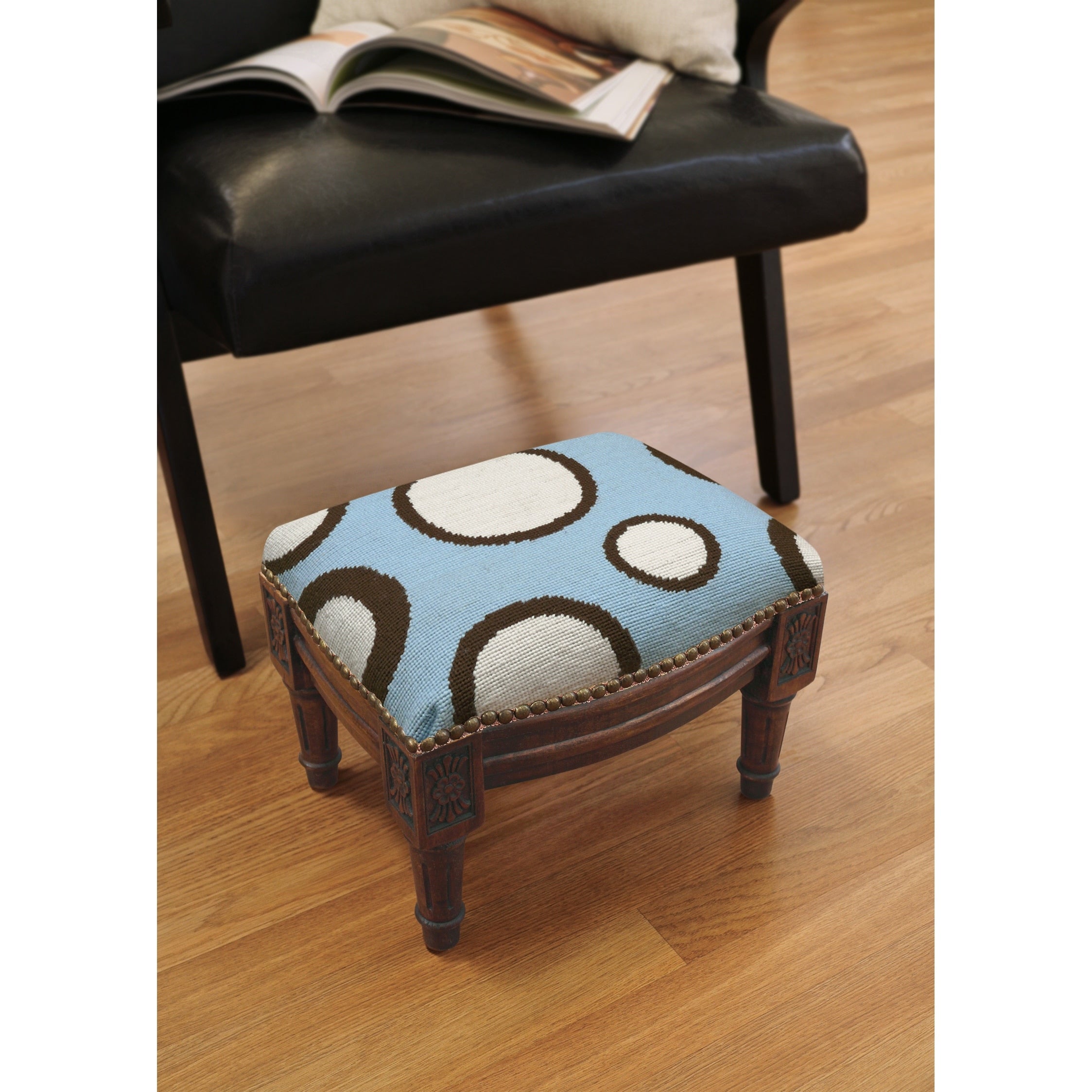 Blue And Brown Circle Needlepoint Footstool