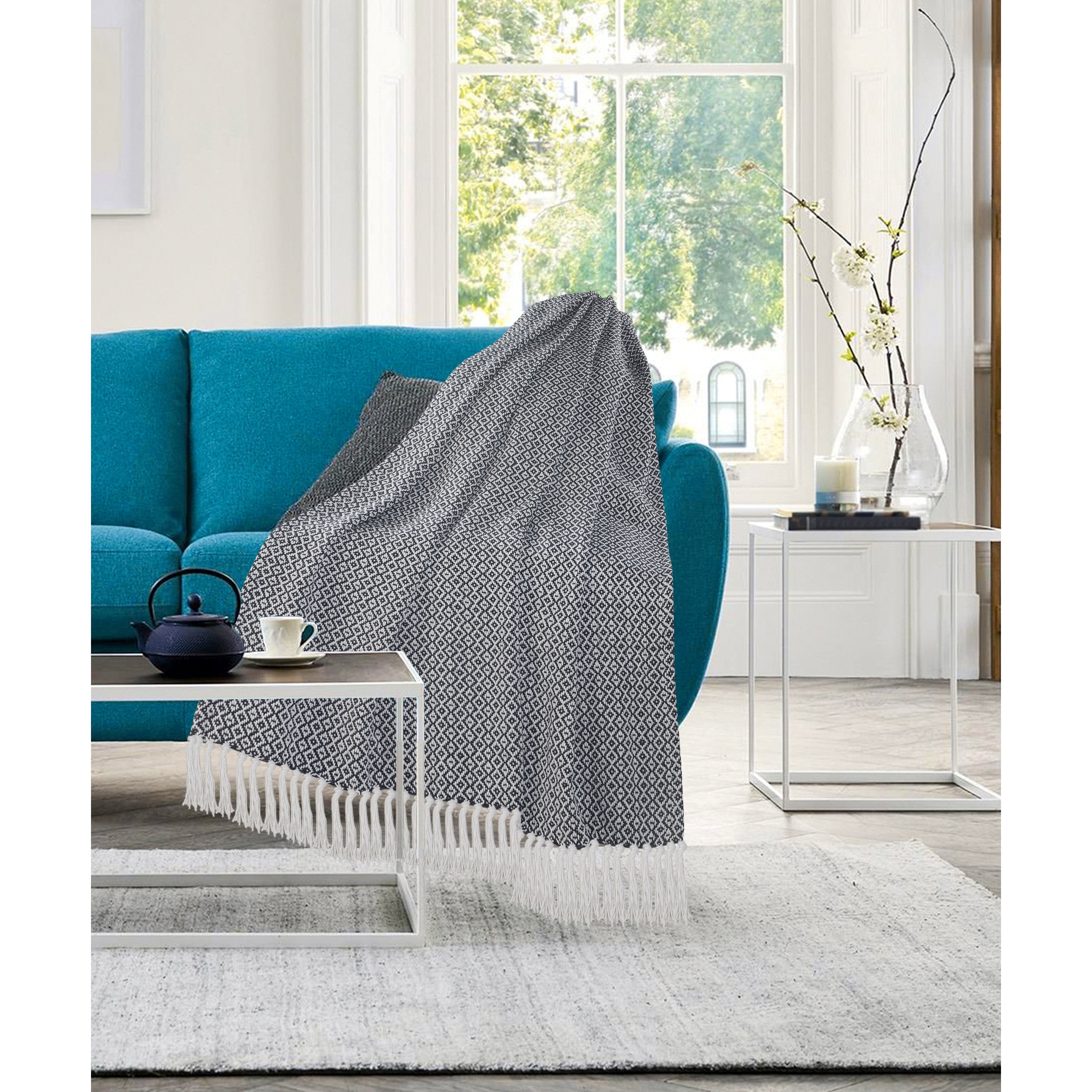 Blue And Ivory Diamonds Fringe Throw Blanket
