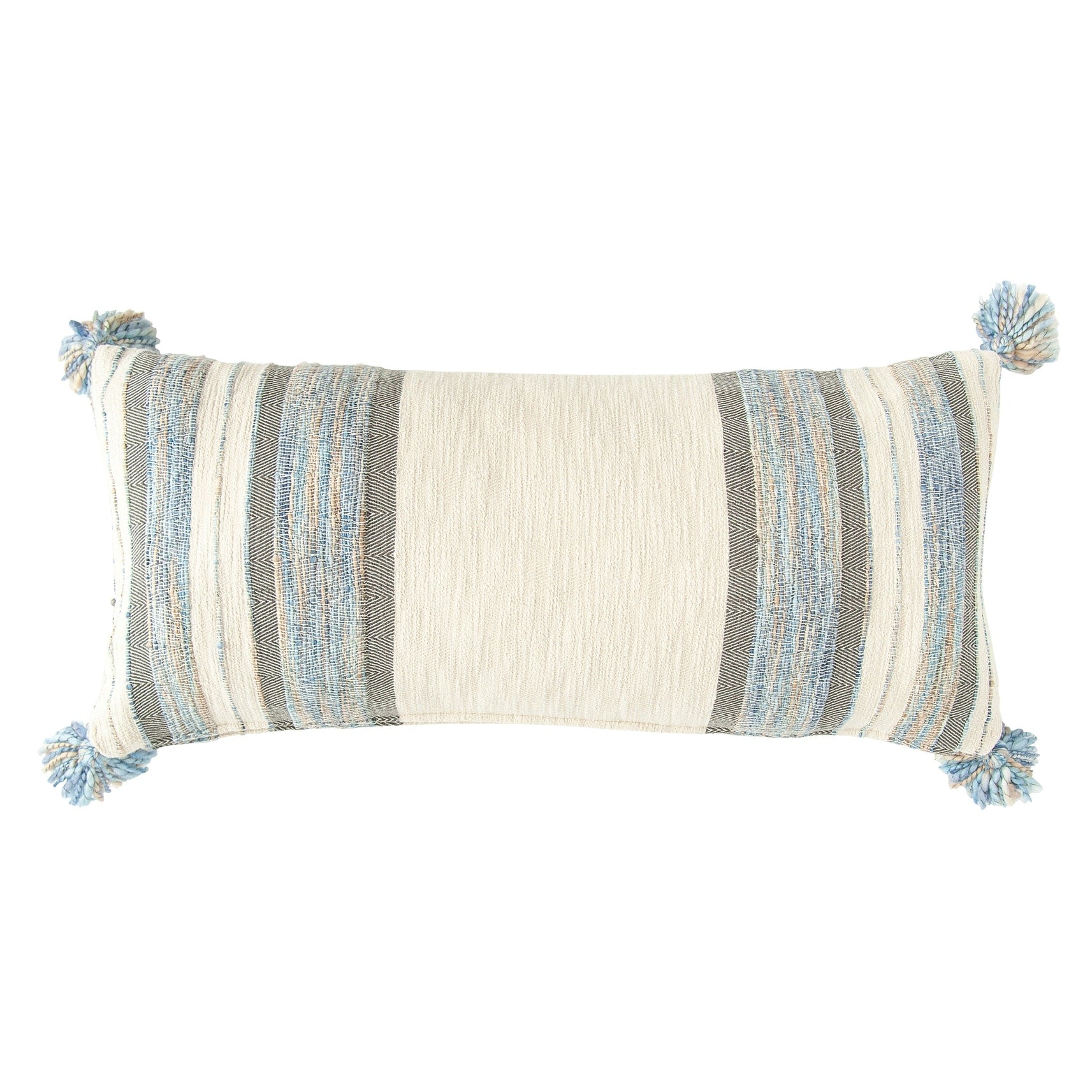Blue Grey Cream Striped Cotton Blend Lumbar Pillow With Tassels