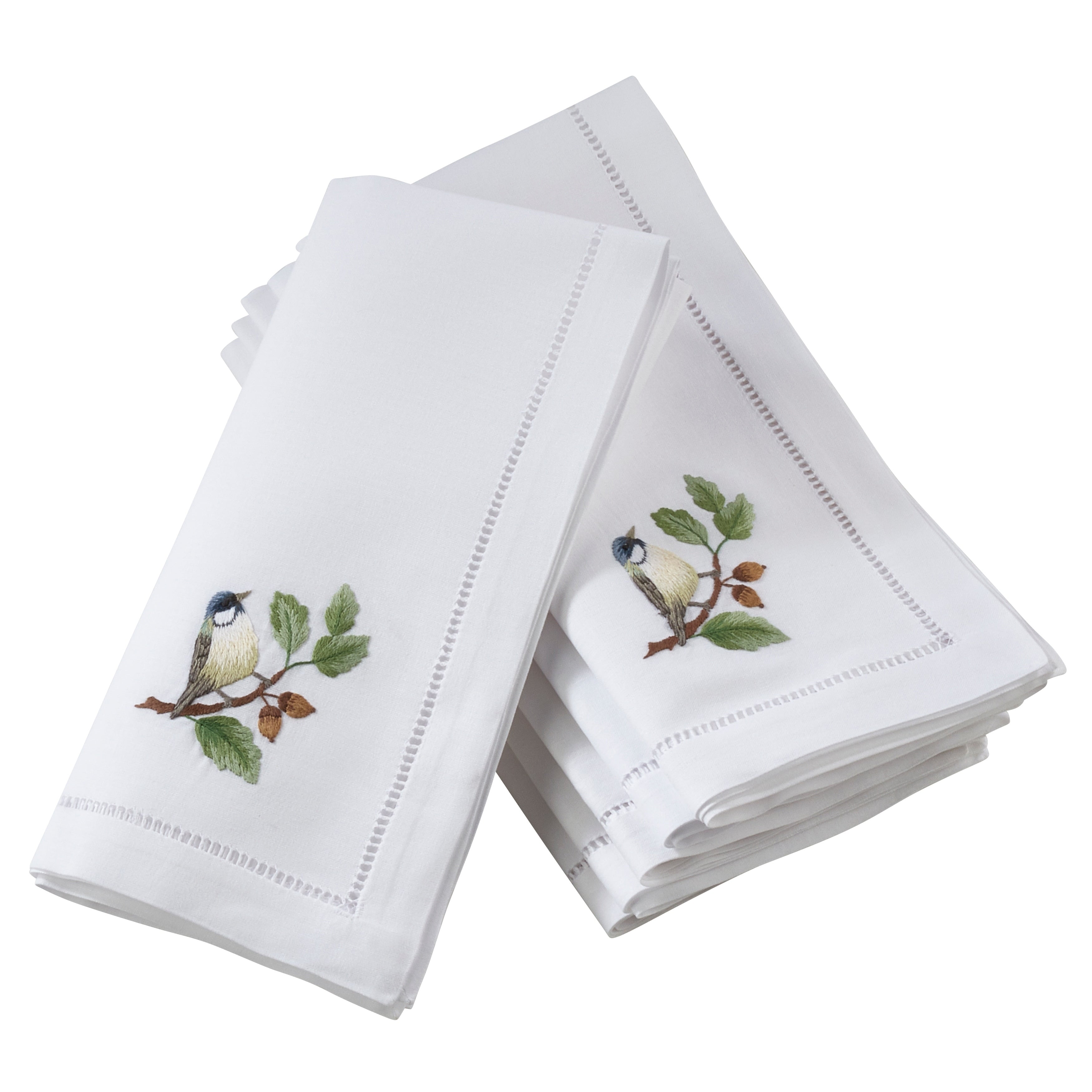 Saro Lifestyle Hemstitch Border Bluebird Embroidery White Cotton Napkins Set Of 6