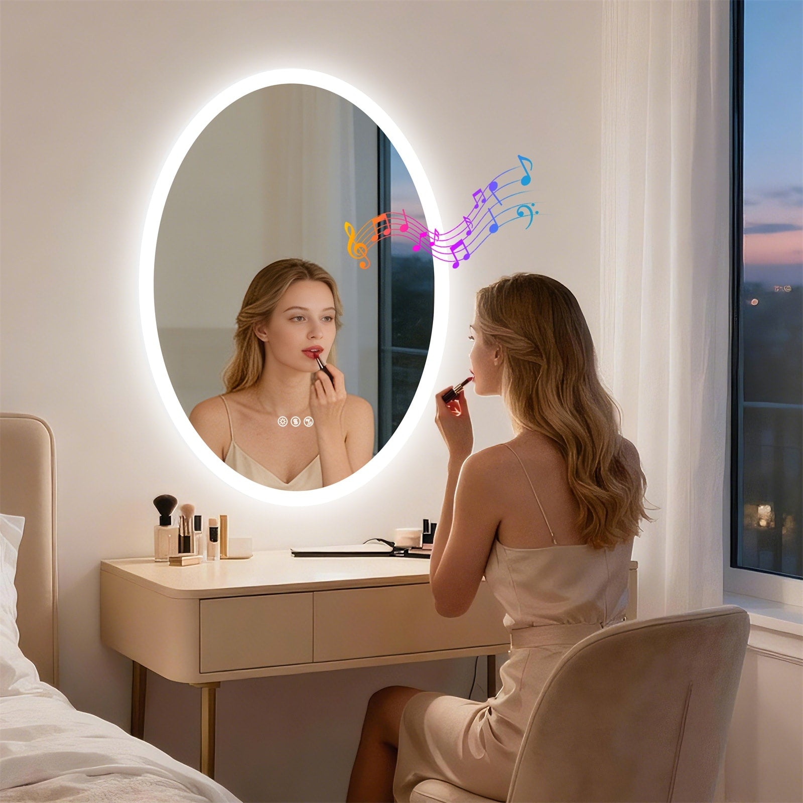 Bluetooth Lighted Bathroom Mirror Oval Led With Double Ndfeb Speakers Wall Vanity Mirror 23.62X31.50