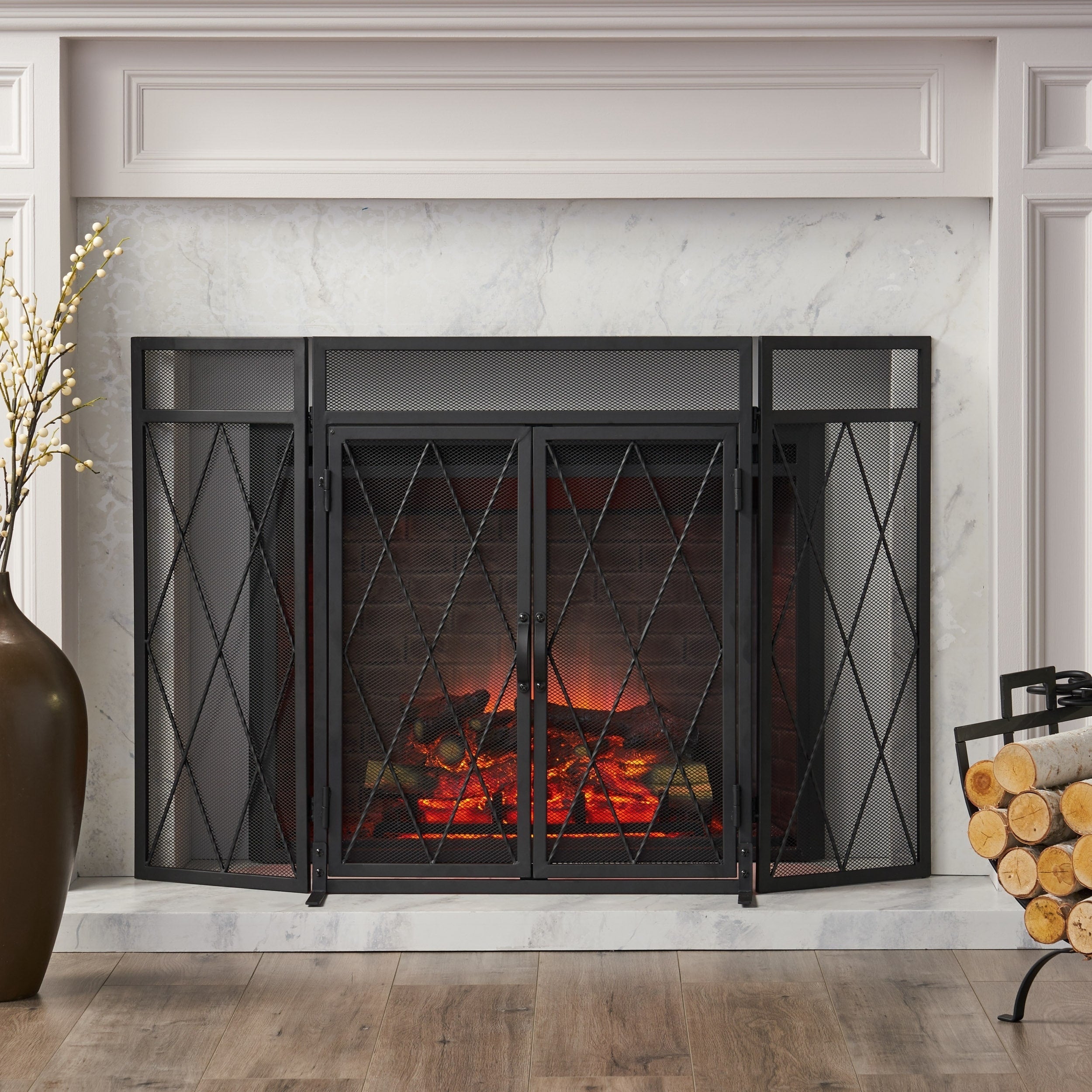 Blyfield Modern Iron Folding Fireplace Screen With Door By Christopher Knight Home