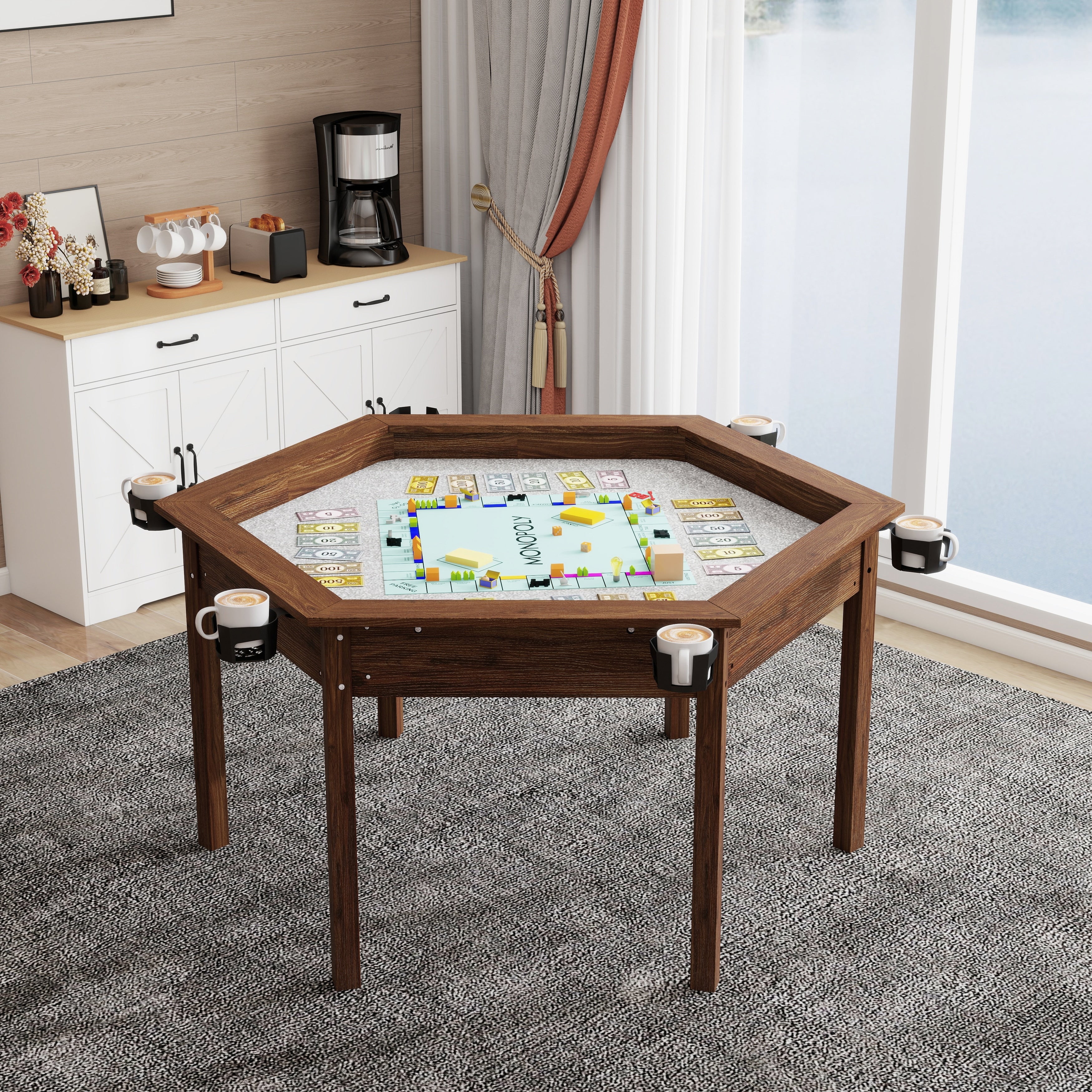 Board Game Table With Removable Table Top For 6 Players Hexagon Gaming And Dining Table With Solid Wood Legs Non Slip Play Mat
