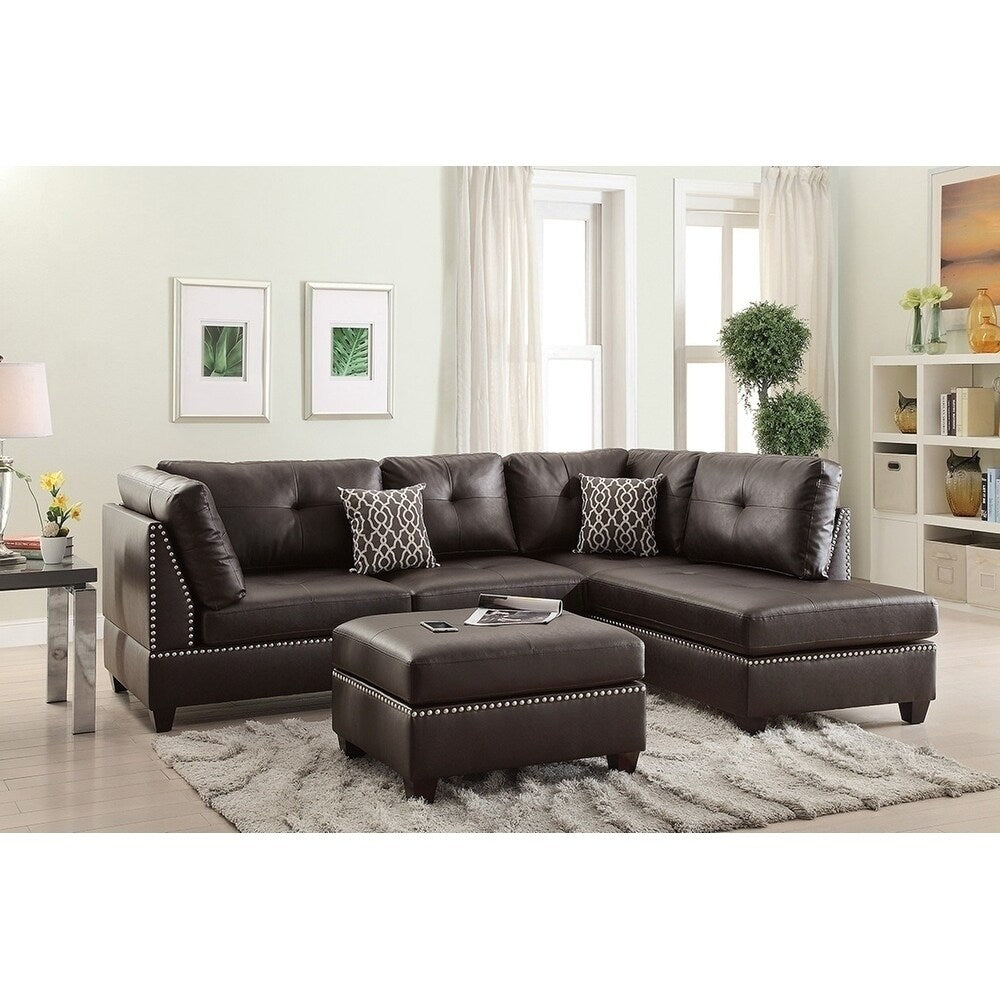 Bobkona Chaise Pine Wood 3 Pcs Reversible Sectional Sofa W Nailheads D Cor And Cocktail Ottoman