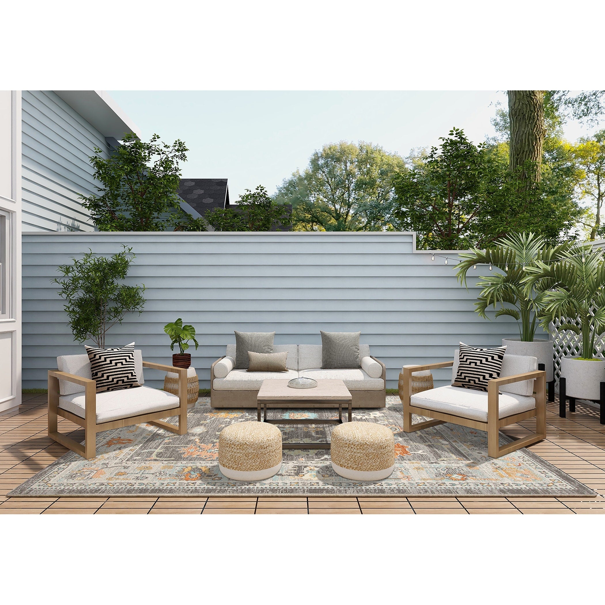 Bohemian Bordered Indoor Outdoor Neutral Area Rug