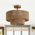 Bohemian Gold Natural Handmade Jute Rope 3 Light Two Tier Drum Semi Flush Mount Ceiling Light 15.4 Wx12.6 H