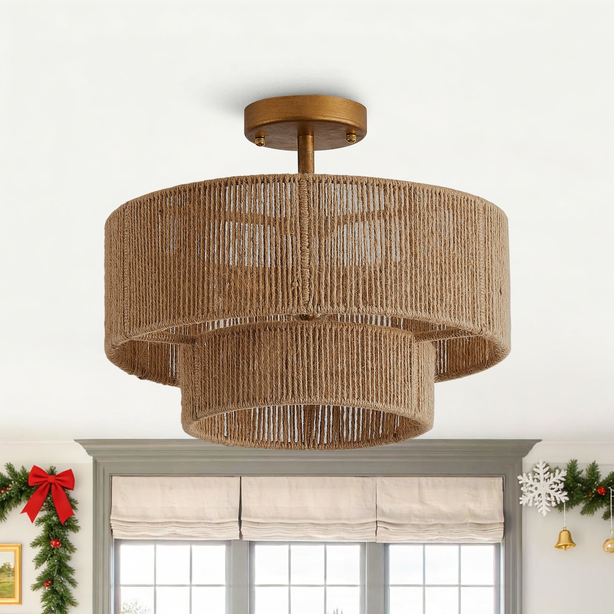 Bohemian Gold Natural Handmade Jute Rope 3 Light Two Tier Drum Semi Flush Mount Ceiling Light 15.4 Wx12.6 H