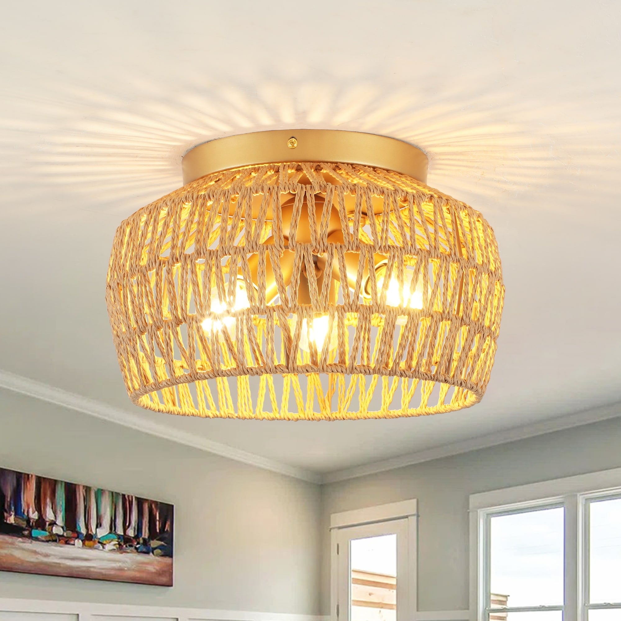 Bohemian Style 3 Light Paper Rattan Woven Flush Mount Ceiling Light Fixture