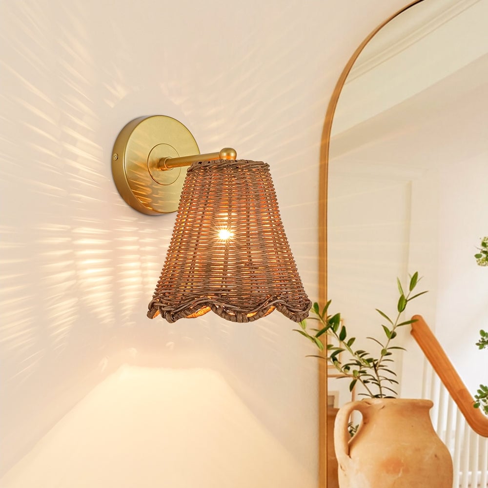 Boho 1 Light Rattan Wall Sconce Flower Hand Woven Shade Wall Lamp 7.1 In