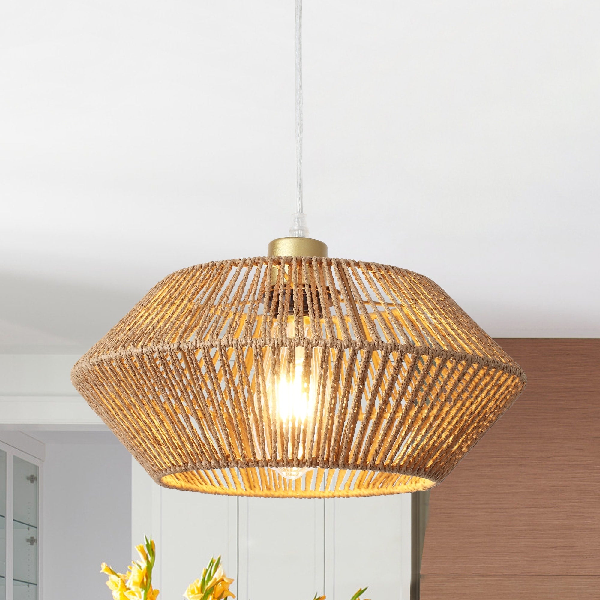 Boho Coastal 1 Light Hand Woven Rattan Pendant Light For Kitchen Island